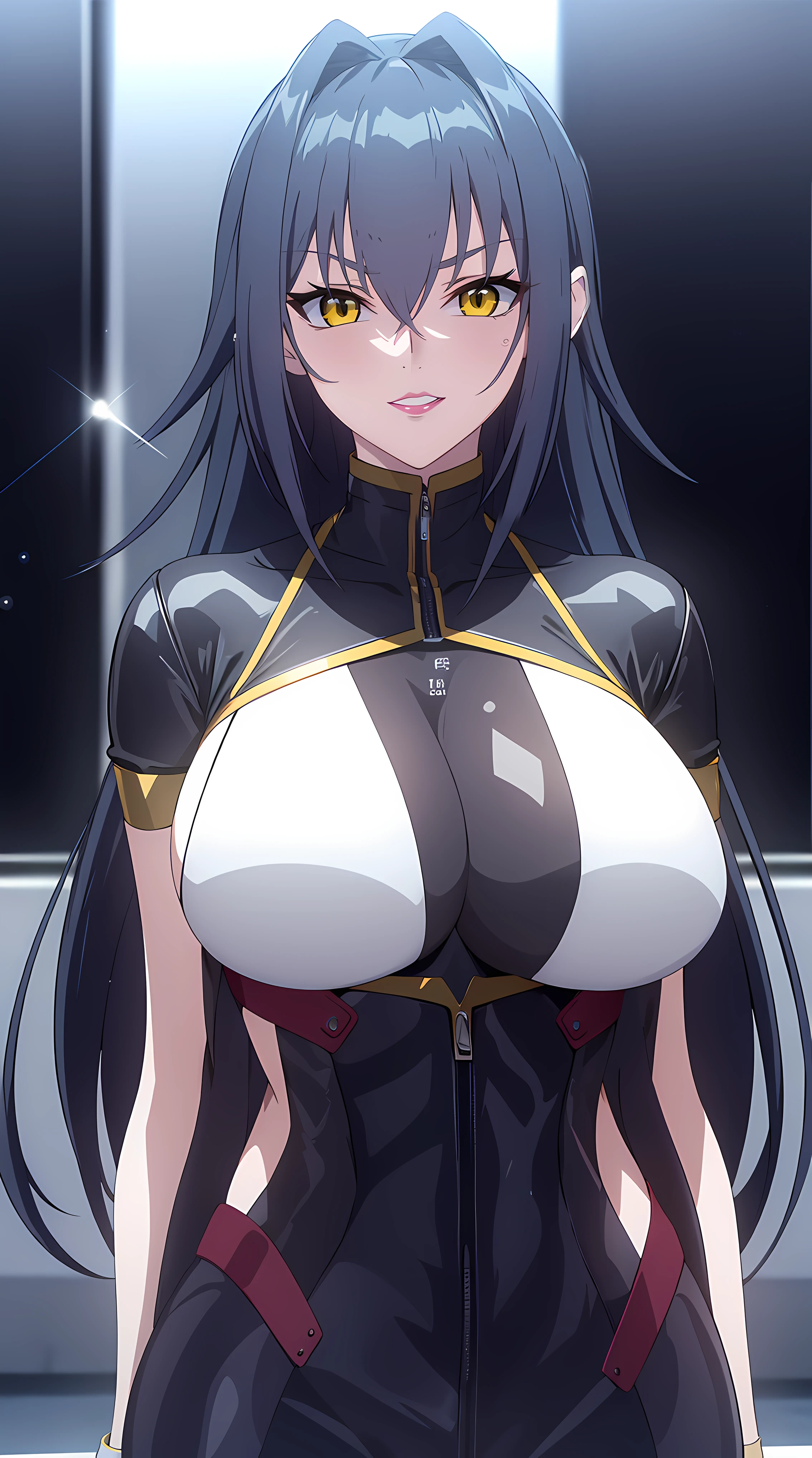 professional artwork, Intricate Details, field of view, sharp focus, detailed painting, photorealistic lighting, trending on pixiv, (masterpiece:1.0),(best_quality:1.0), ultra high res,4K,ultra-detailed, photography, 8K, HDR, highres, absurdres:1.2, Kodak portra 400, film grain, blurry background, bokeh:1.2, lens flare, (vibrant_color:1.2),
(Annerose:1), 1girl, female mature, black hair, long hair, yellow eyes, large breasts, bodysuit, shiny clothes, skin tight, hair intakes, covered breasts, pose invited, looking at viewer,
simple plain white background, (solo:1.5),