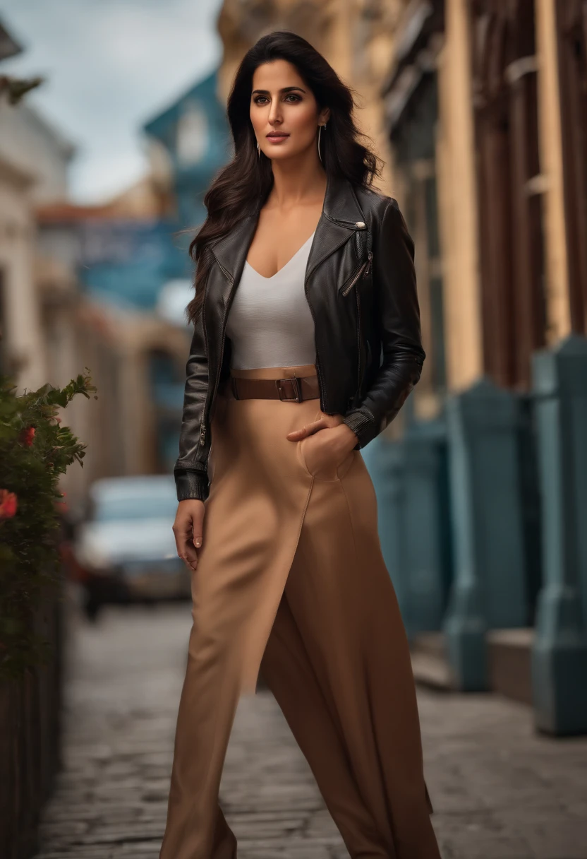 A beautiful woman full photo from head to legs ((Katrina kaif:1.2)) in Bomber jacket and skirt Outfit)), ((sharp focus)), ((Nikon Z 85mm)), unparalleled masterpiece, ultra-realistic 8k photos, best quality, masterpiece, (photorealistic:1.2), (realistic:1.5), (hyperrealistic:1.2),(realistic human skin:1.6), (detailed clothes features), (High Quality: 1.2), Raw photo, (Perfect body shape), Uniform, Unobtrusive, masterpiece photographic real digital ultra-realistic hyper-detailed, high contrast , realistic, clean art, professional, colourful, rich deep colour, concept art, CGI winning award, UHD, HDR, 8K, RPG, UHD render, HDR render, 3D render cinema 4D