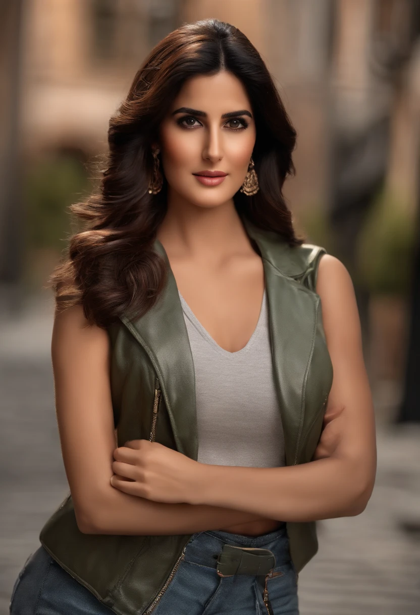 A beautiful woman full photo from head to legs ((Katrina kaif:1.2)) in Bomber jacket and skirt Outfit)), ((sharp focus)), ((Nikon Z 85mm)), unparalleled masterpiece, ultra-realistic 8k photos, best quality, masterpiece, (photorealistic:1.2), (realistic:1.5), (hyperrealistic:1.2),(realistic human skin:1.6), (detailed clothes features), (High Quality: 1.2), Raw photo, (Perfect body shape), Uniform, Unobtrusive, masterpiece photographic real digital ultra-realistic hyper-detailed, high contrast , realistic, clean art, professional, colourful, rich deep colour, concept art, CGI winning award, UHD, HDR, 8K, RPG, UHD render, HDR render, 3D render cinema 4D