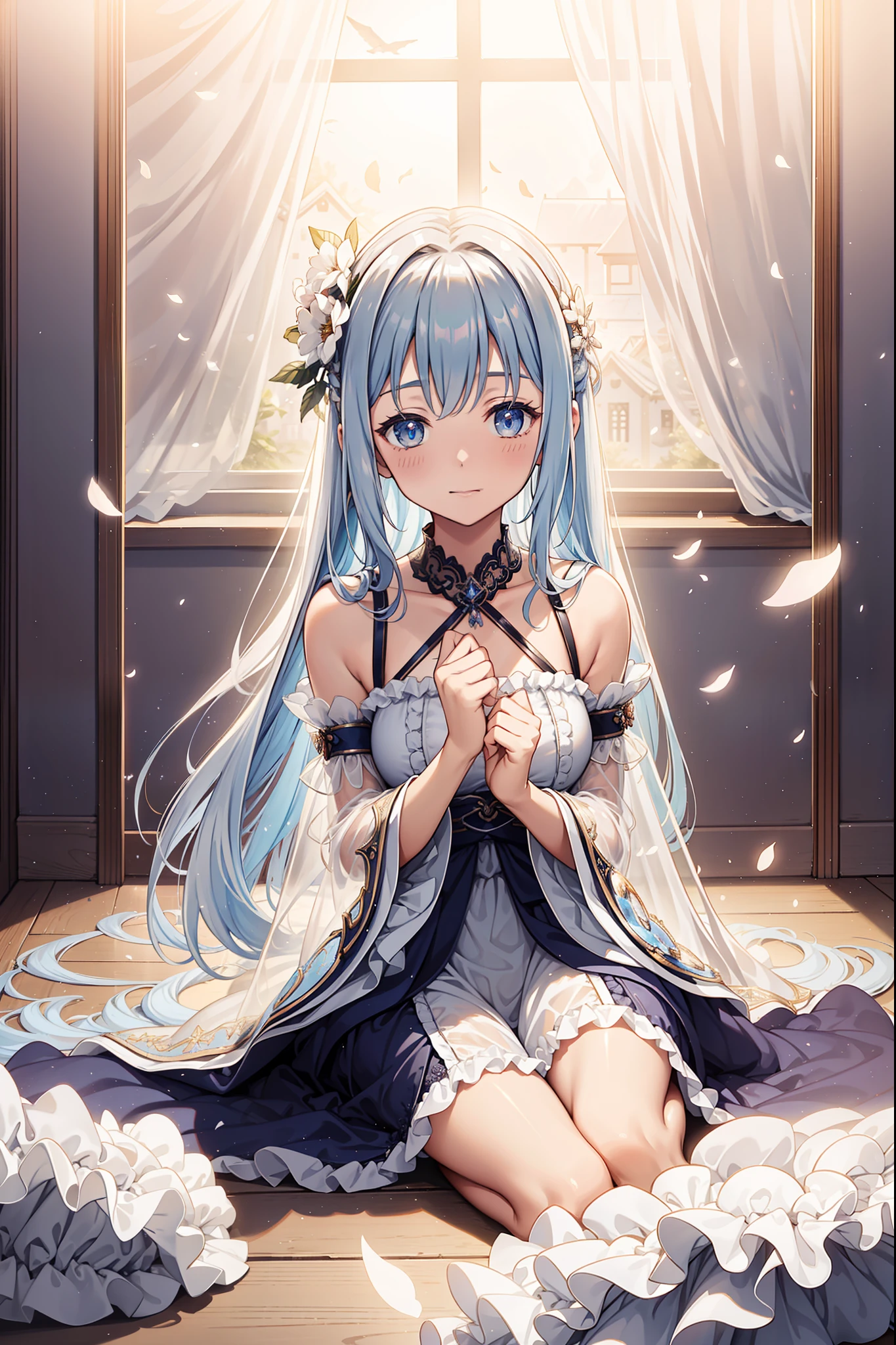 solo person,the night,inside in room,shyexpression,Little Saint,See-through Pajamas,see-through sleeves,Enchanted,Petal edges,adolable,Light colors,gentleness,Divine decoration,Sacred motifs,Lace,Ruffles,extremely detailed CG 8k wallpaper,best qualtiy,tmasterpiece,A high resolution,Delicate and beautiful face