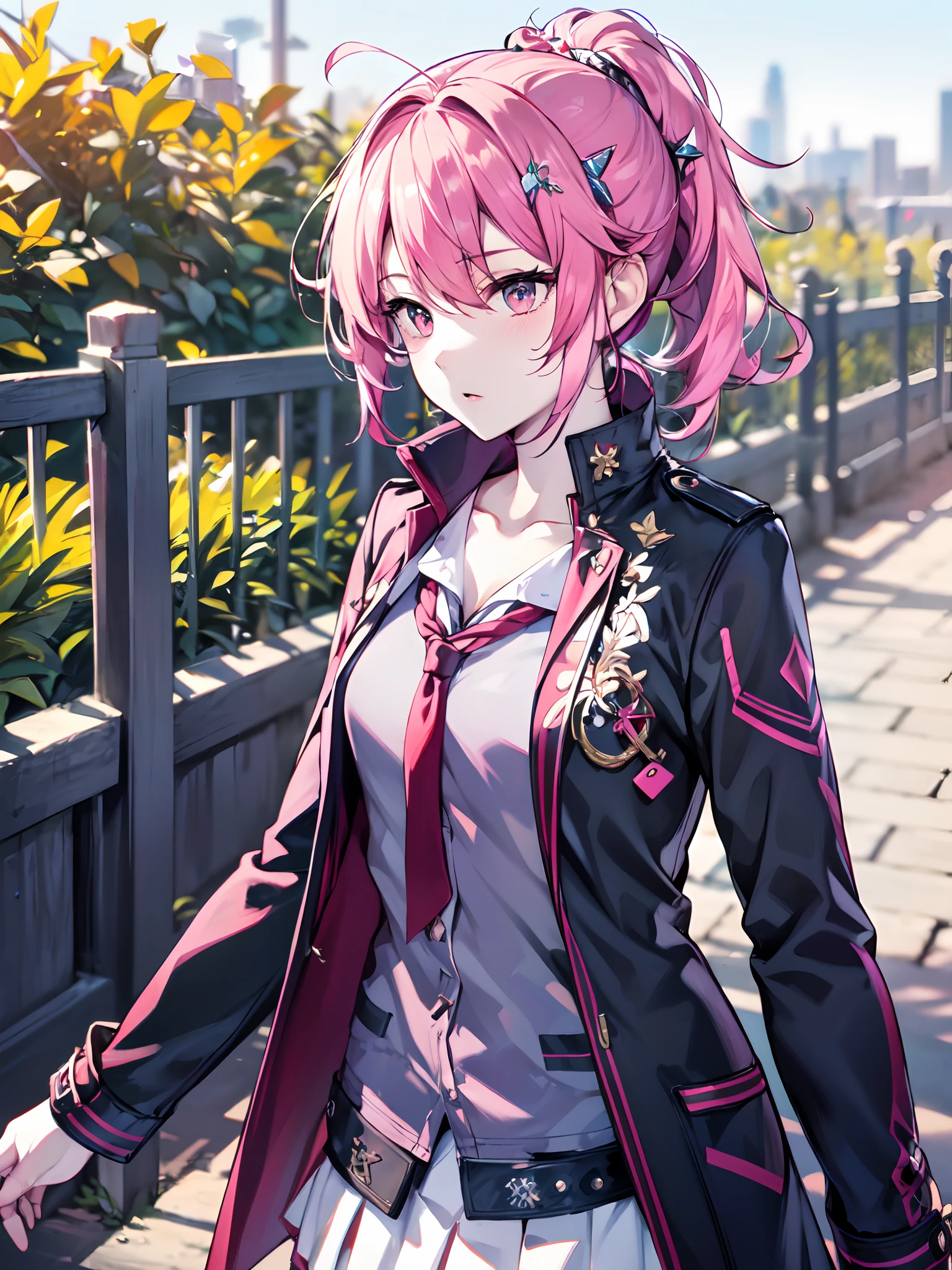 (masterpiece:1.2), (pale skin:1.2), (solo:1.2), (female:1.1), (emphasis lines:1.3), (collarbone:1.1), ponytail, side bangs, pink hair, (tie:1.3), open clothes, (open coat:1.2), outdoors, short white skirt