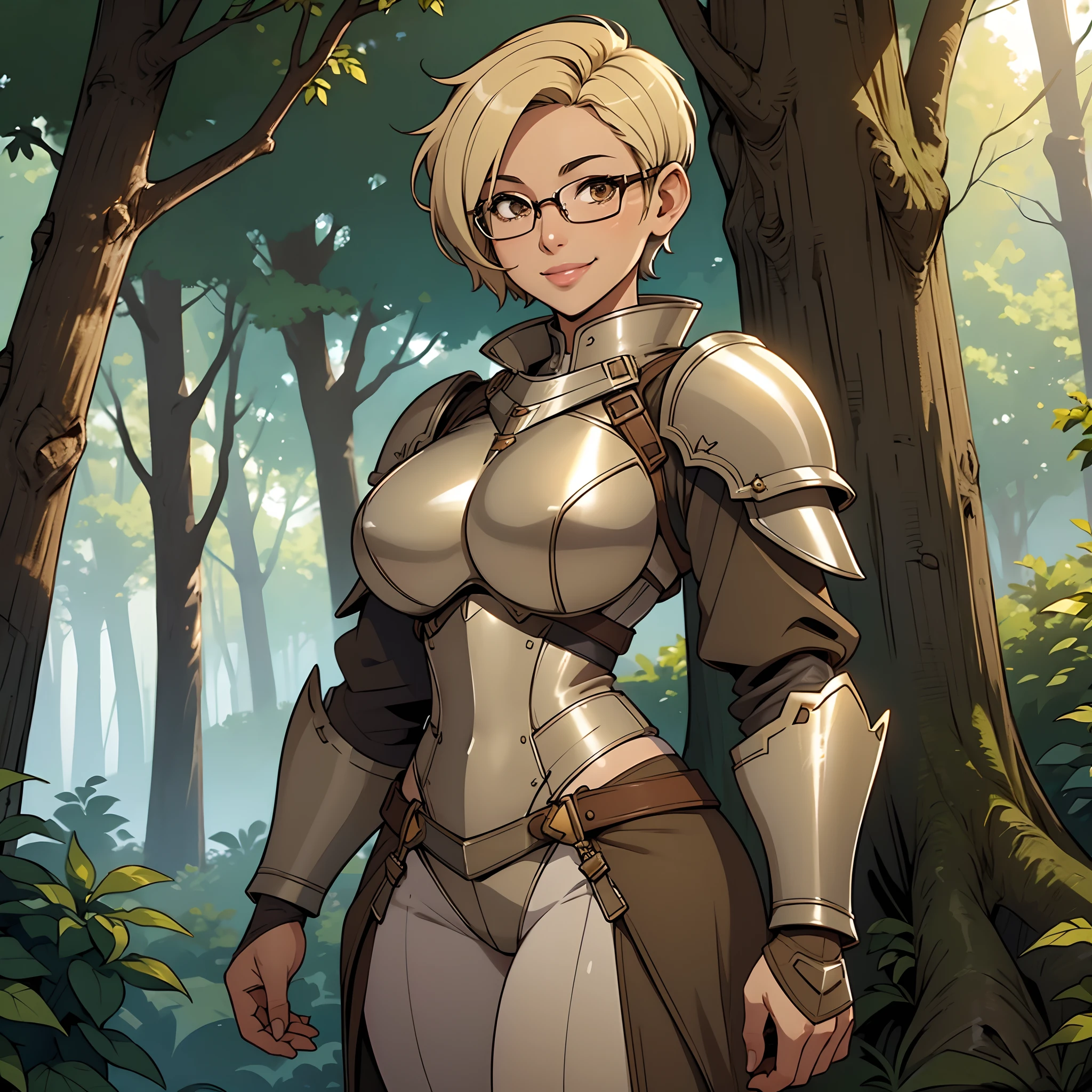 (((Solo))), female, standing, (((short hair))), (glasses, tan skin), cream colored hair, steel armor, steel chestpiece, knight, forest, thick lips, big lips, smiling, wavy hair