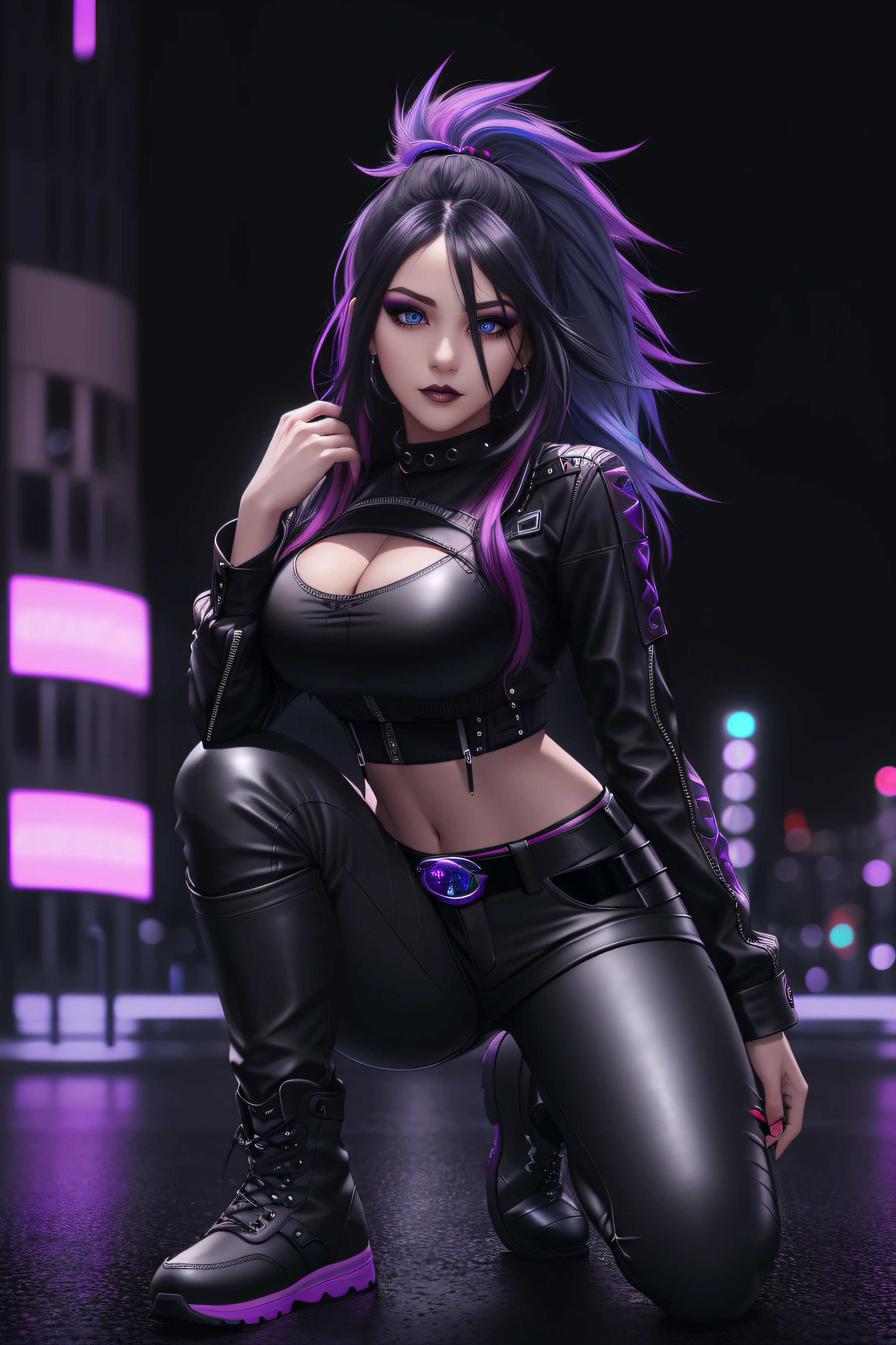 beautiful girl, full body, short bright blue and magenta streaked dishevelled hair, large blue piercing eyes, black eyeshadow, (street style wear:1.2), ((tight fitted pants)), ((knee high leather boots)), (dark city night black background:1.6), dark makeup, digital art, trending on artstation, highly detailed, fine detail, intricate, beautiful detailed glow, detailed, Cinematic light, high-res, detailed facial features, sharp focus, smooth, aesthetic,