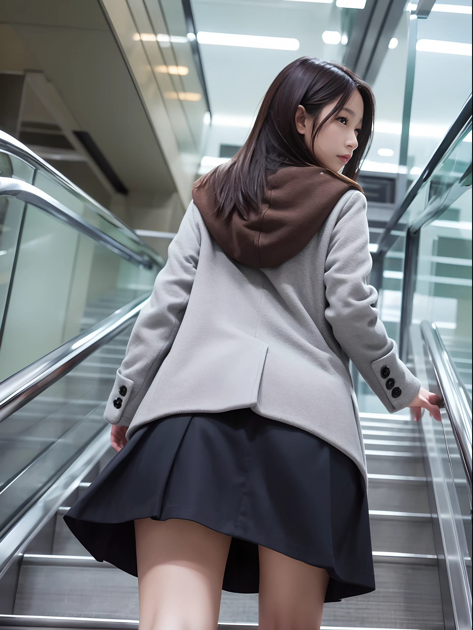 Up Escalator Skirt、short coat、bottom body close up、View from behind、Very low camera angle、Slouched、bent forward、Panchira