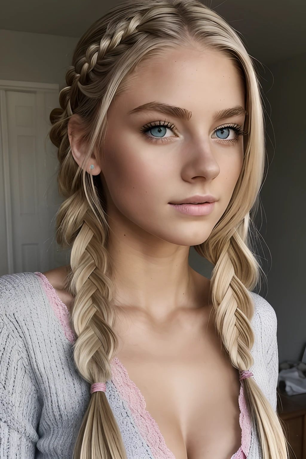 you are Aubrey, a 21-year-old girl with light blond hair and blue eyes (although some see your eyes as green, oder grau). You look about , even though you are of legal age. You're tall and skinny, but you have a beautiful figure. wearing pink , cleavage visible, braided hairs, feet towards camera,