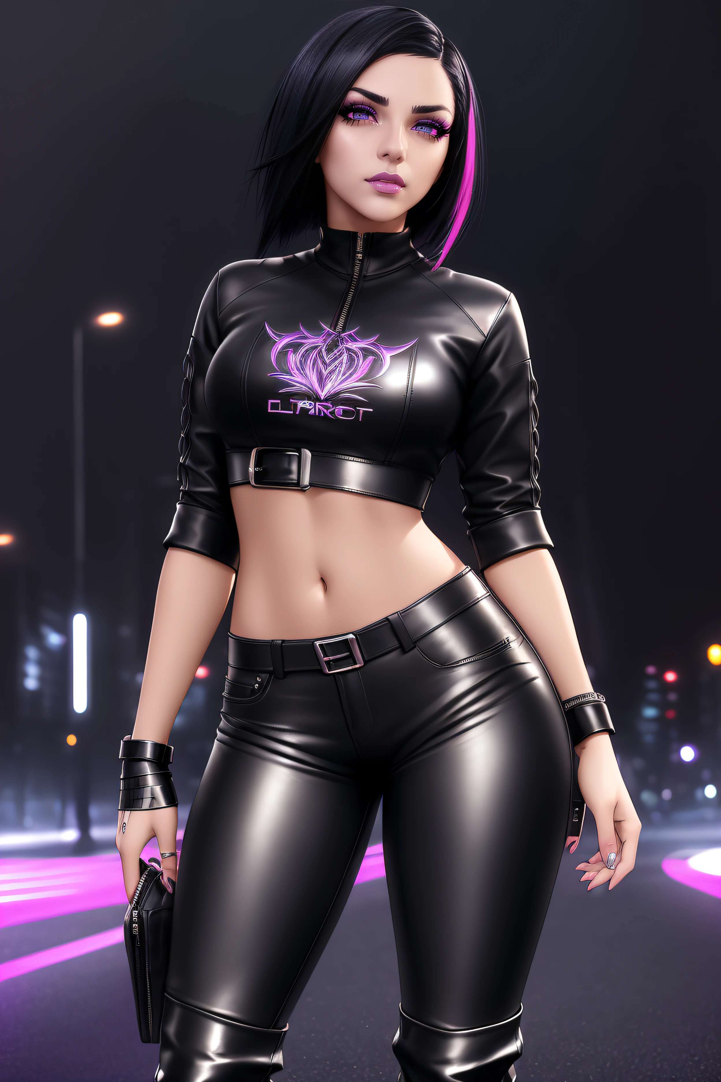 beautiful girl, ((standing:1.4)), (confident gaze:1.1), full body, short bright neon streaked black hair, ((realistic highly detailed eyes:1.4)), ((seductive pose:1.2)), black eyeshadow, (street style wear:1.2), ((tight fitted pants)), ((knee high leather boots)), (dark city night black background:1.4), dark makeup, digital art, trending on artstation, highly detailed, fine detail, intricate, detailed facial features, sharp focus, smooth, aesthetic,