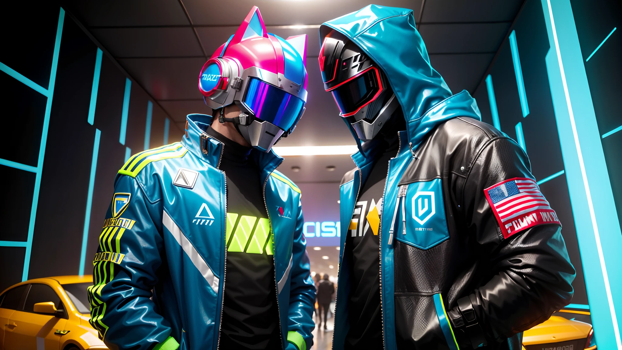 las marcas de la chaqueta convierte en triangulos azul neon, agrega un cibercasco realista del estilo daftpunk pero mas rudo e intimidante
