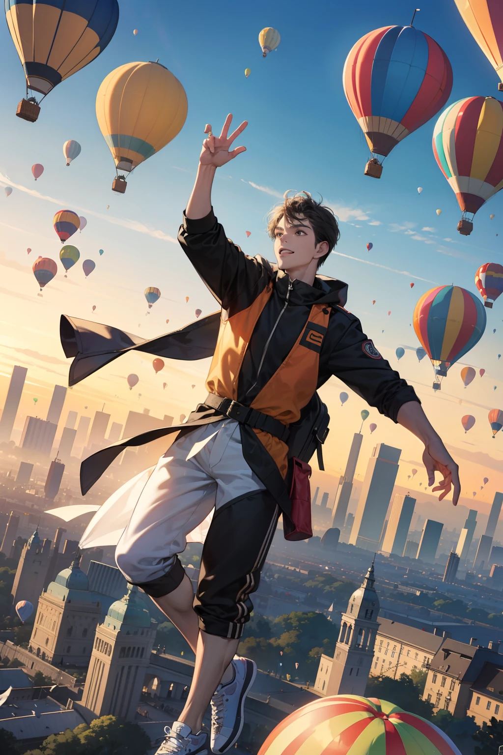 masterpiece, Whimsical hot air balloon festival; 1 man, handsome man, Excited and adventurous expression; Wearing comfortable sneakers; Soaring in a hot air balloon with awe; Fun-loving and adventurous personality; Embracing the thrill of the festival; Low-angle shot; Wide-angle lens; Gaze towards the colorful hot air balloons.