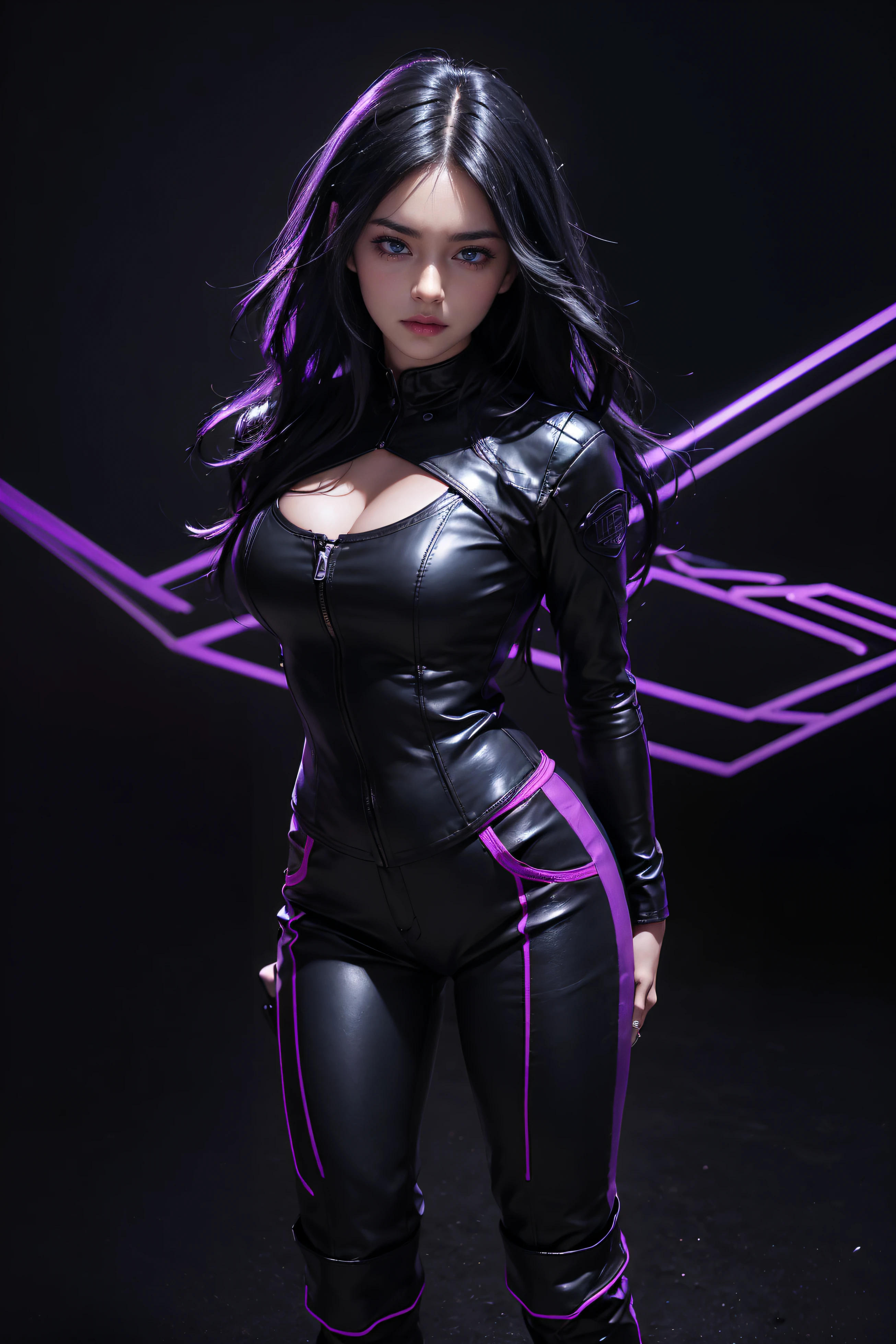 (black long wavy hair with blue and purple neon lighting:1.2),(close-up photo:1.2) Best image quality, Masterpiece, Ultra-high resolution, (Fidelity:1.4), ((BDSM personage)), Mila Kunis, deep cleavage, large breasts, BDSM outfit, ((Award-winning ultra-realistic photos)),(Hyper-detailing),(Complicated details),(High resolution CGI artwork 8k), LED light, illuminated by neon lights, beautiful girl, ((standing:1.4)), (confident gaze:1.1), full body, short bright neon streaked black hair, ((realistic highly detailed eyes:1.4)), ((seductive pose:1.2)), black eyeshadow, (street style wear:1.2), ((tight fitted pants)), ((knee high leather boots)), (dark city night black background:1.4), dark makeup, digital art, trending on artstation, highly detailed, fine detail, intricate, detailed facial features, sharp focus, smooth, aesthetic,