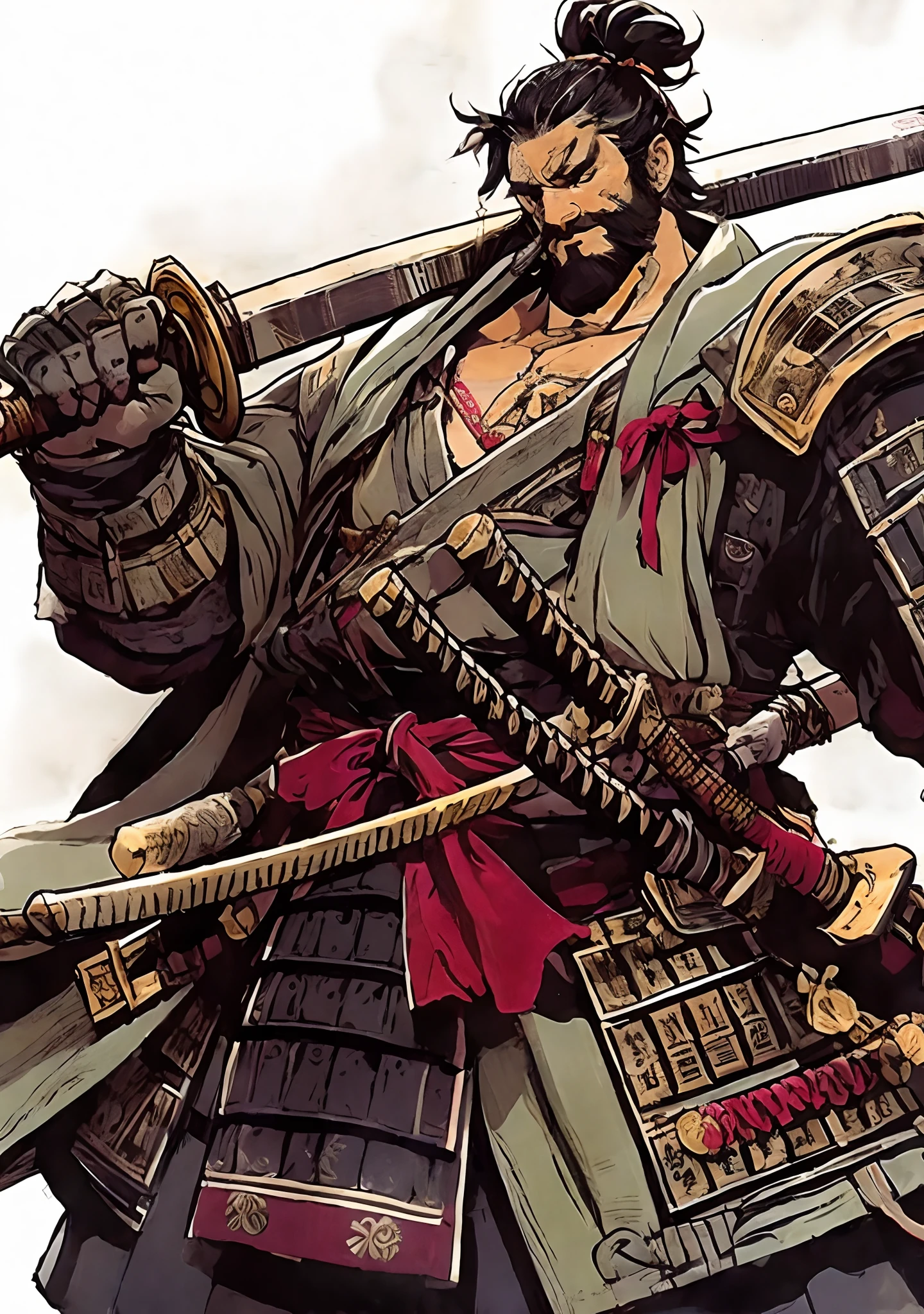 Un primer plano de una persona con una espada y un casco, Miyamoto Musashi, epic samurai warrrior, Guerrero Samurai, Samurai Hombre Vagabundo, inspired by Kanō Hōgai, Estilo samurai, The samurai is wrapped in chains, Japanese Samurai, Ronin, traditional Japanese conceptual art, japanese warrior