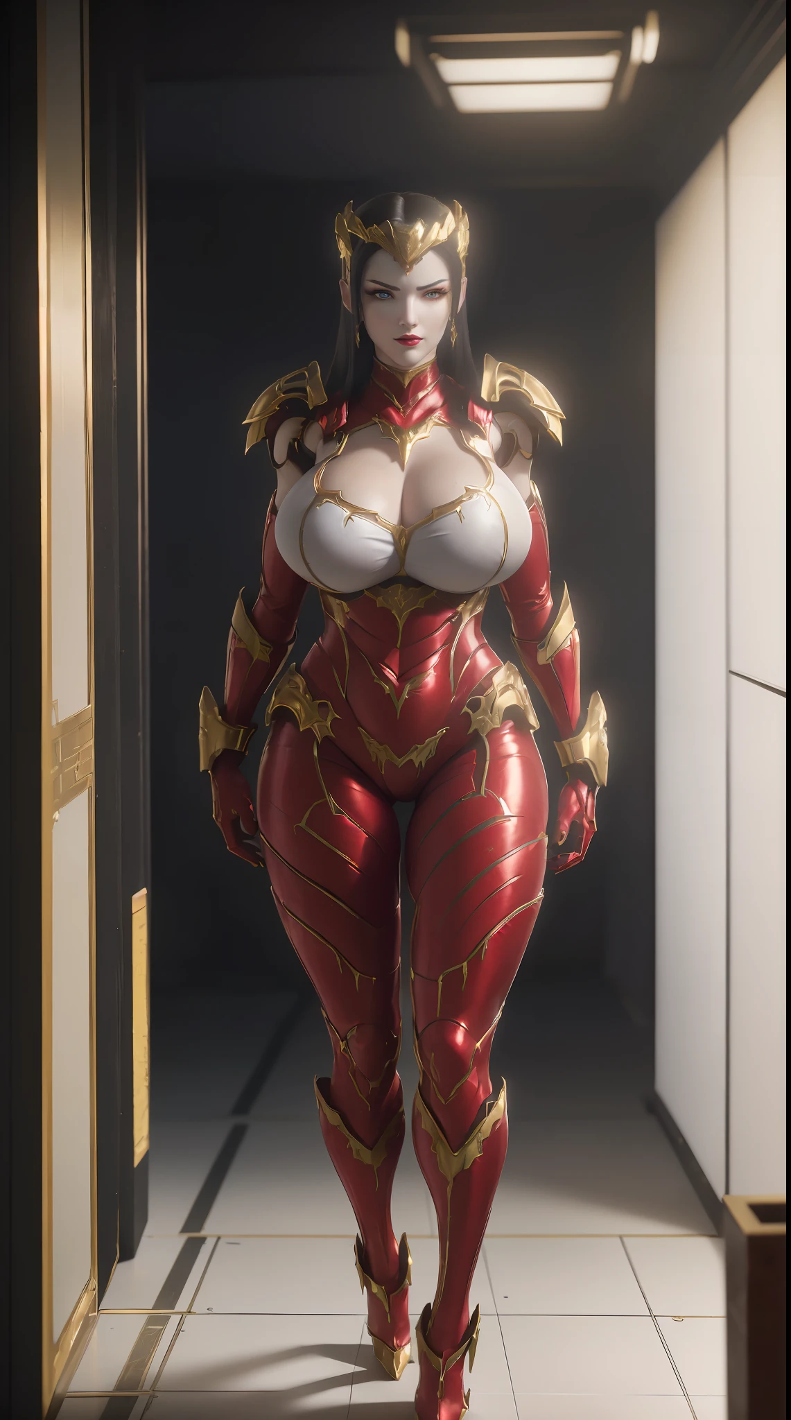(1GIRL,ALONE:1.5), (super detailed face), ((gold phoenix head:1)), (BIG BUTTOCKS, HUGE FAKE BREASTS:1.5), (CLEAVAGE TOP:1.3), (MUSCULAR ABS:1.2), (MECHA GUARD ARM:1.4), (WEAR RED SHINY MECHA OVERWATCH ARMORED, BLACK MECHA SKINTIGHT SUIT PANTS, MECHA GUARD ARMOR LEGS, HIGH HEELS:1.5), (THICC MUSCULAR FEMALE BODY), (GLOWING SKIN:0.8), (LONG LEGS, FULL BODY:1.1), (LOOKING AT VIEWER:1.3), (female focus:0.886), (WALKING DOWN HALLWAY OF FUTURISTIC SPACE STATION:1), (BRIGHT LIGHT WHITEROOM:1.3), SUPER TEXTURE, UNREAL ENGINE RENDER, PHYSICALLY-BASED RENDERING, ULTRA HIGHT DEFINITION, 16K, 1080P.
