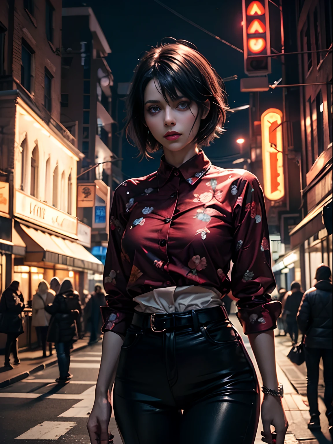 Outdoors, black mature woman, wearing black and red floral shirt, wearing black dress pants, blue eyes, glowing eyes, short hair, grey skin, club environment, night, blue neon signs, 8k, Unreal engine, highly detailed, photorealistic,