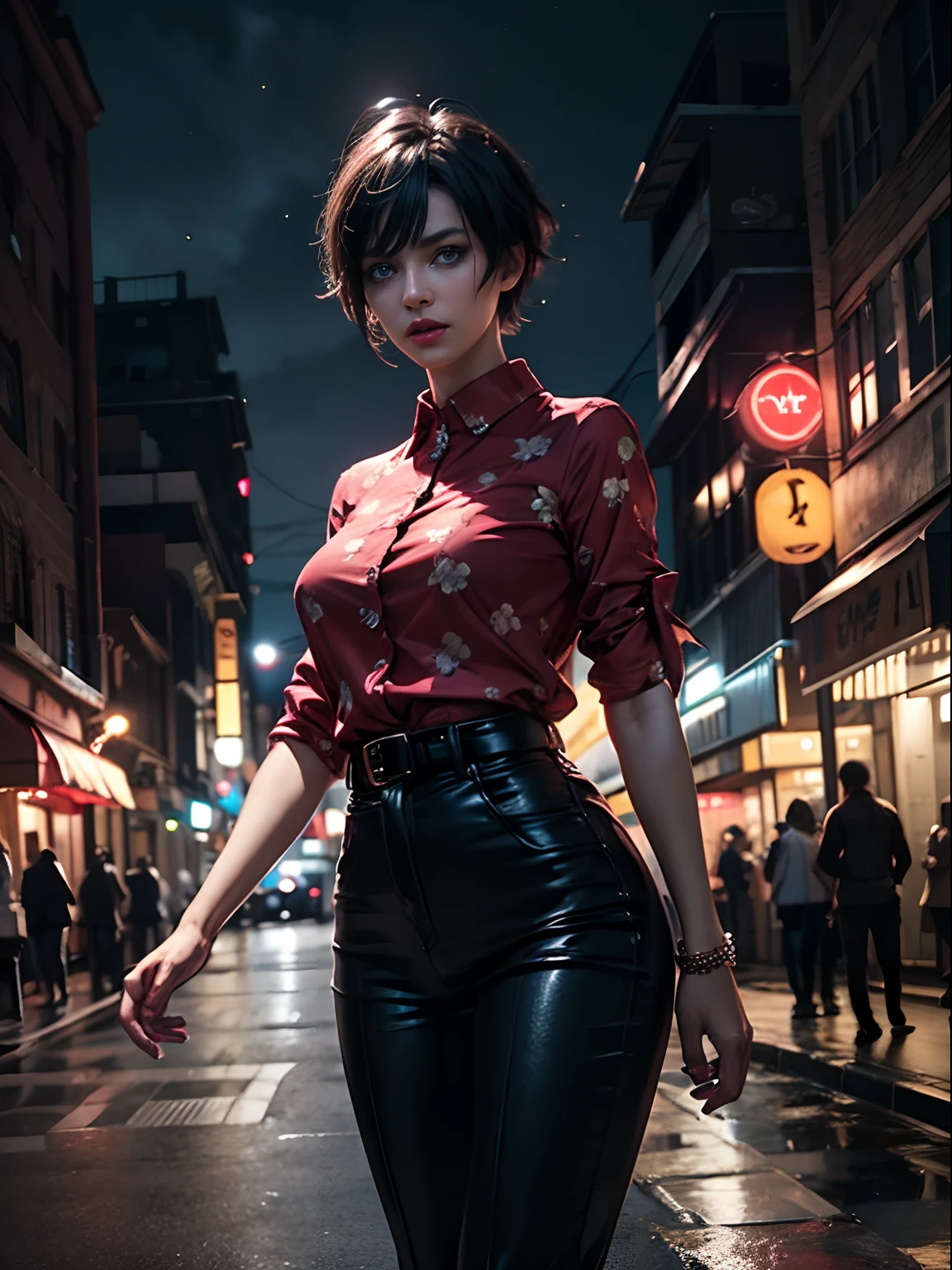 Outdoors, black mature woman, wearing black and red floral shirt, wearing black dress pants, blue eyes, glowing eyes, short hair, grey skin, club environment, night, blue neon signs, 8k, Unreal engine, highly detailed, photorealistic,