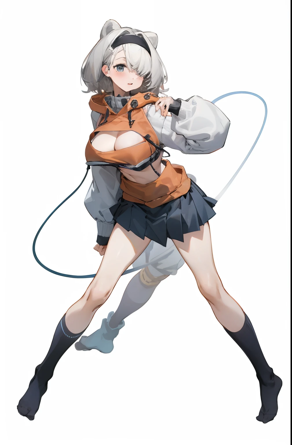Bigboobs,cropped shoulders,knee length socks,pleatedskirt,No shoes on,hoody,Stand up