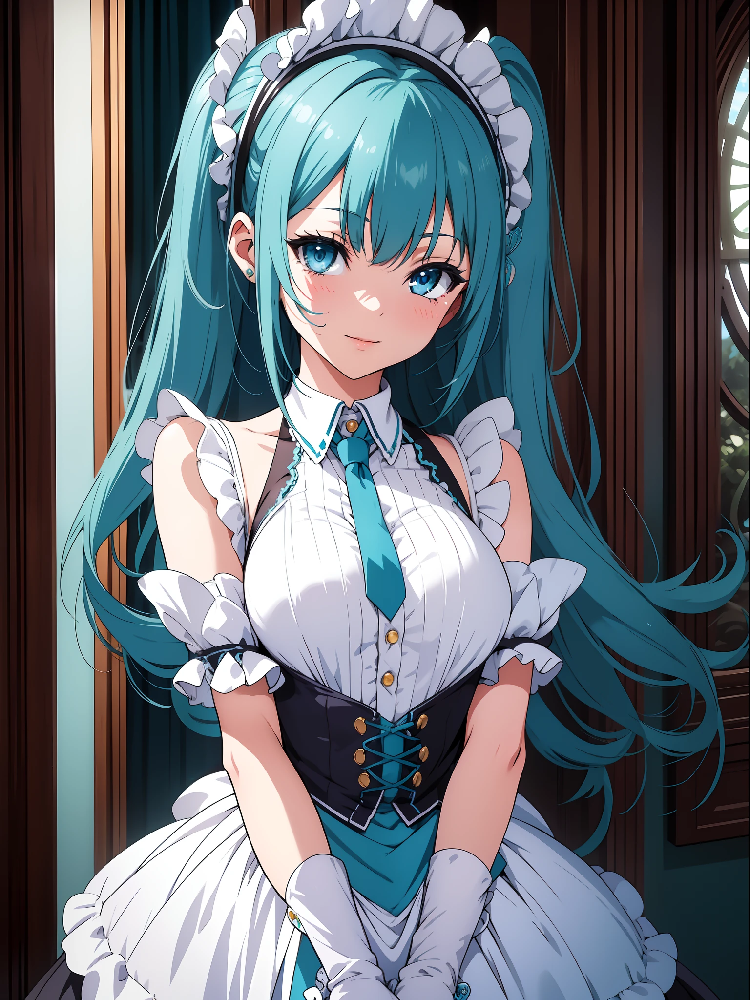 Official art、Top quality ultra-detailed CG art、miku hatsune：１.２）、Blue hair、lively girl、Maids、Transcendent Cute、kirakira、Twin-tailed、ssmile、bob cuts