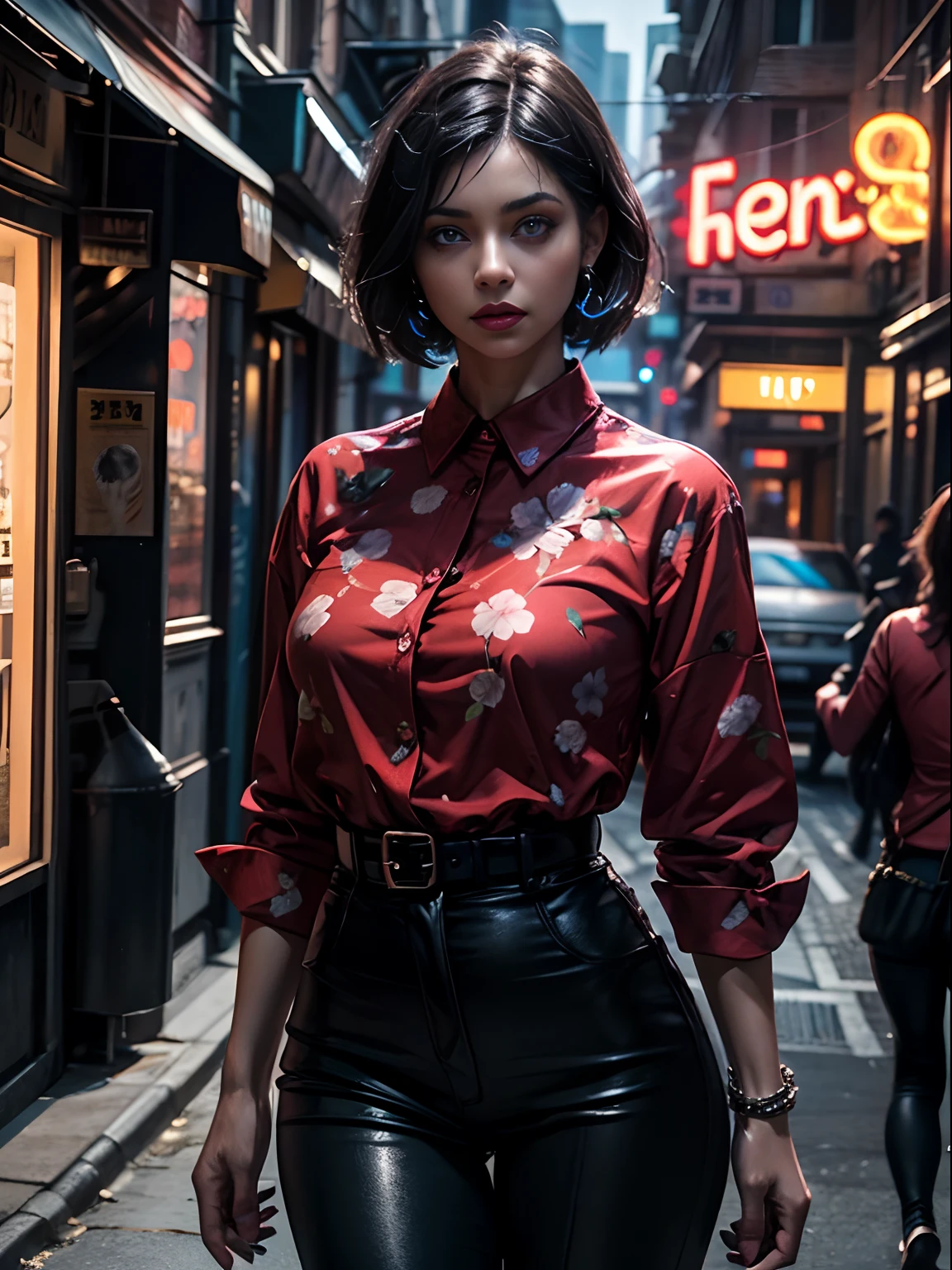 Outdoors, black mature woman, wearing black and red floral shirt, wearing black dress pants, blue eyes, glowing eyes, short hair, grey skin, club environment, night, blue neon signs, 8k, Unreal engine, highly detailed, photorealistic,