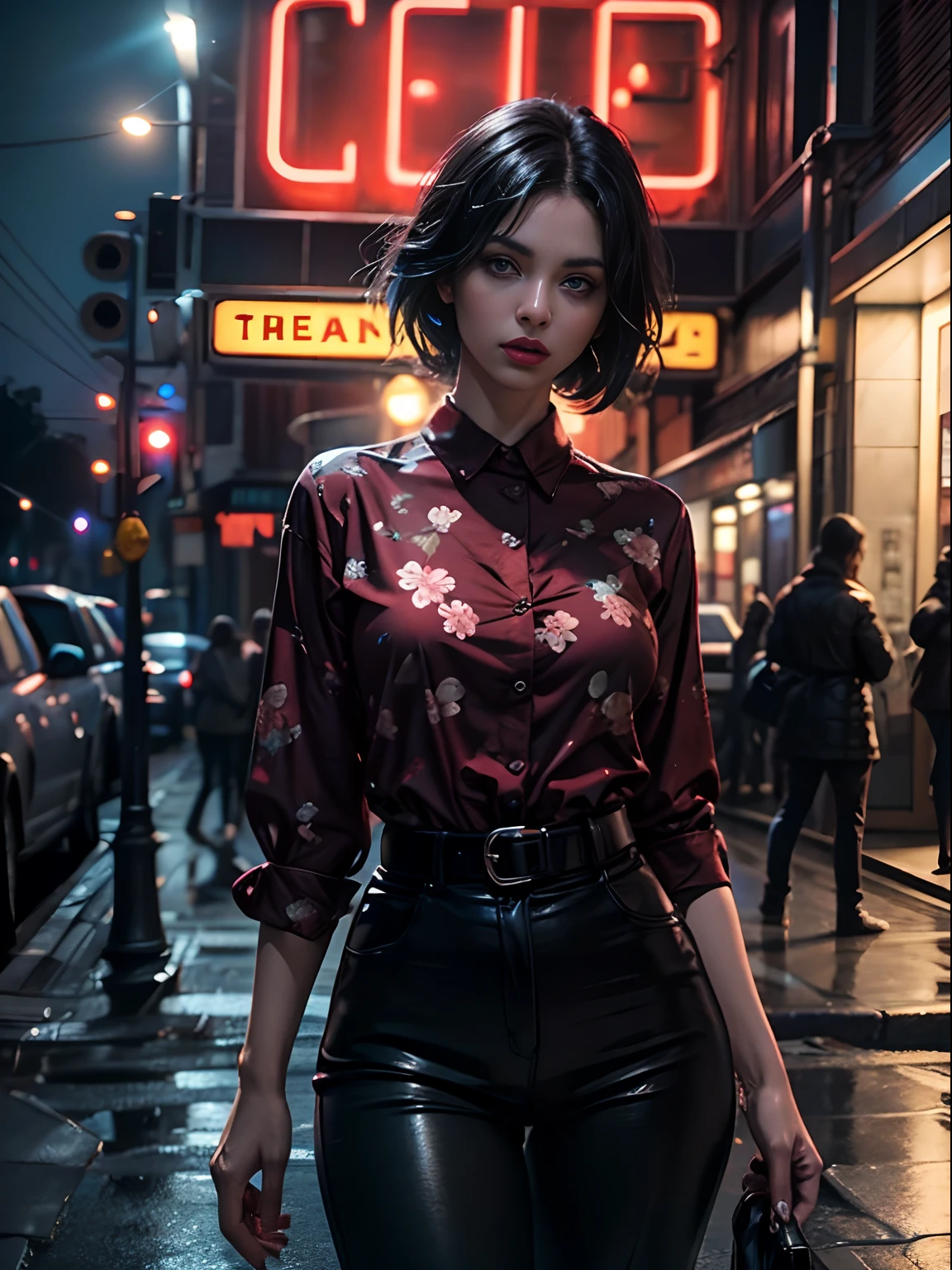 Outdoors, black mature woman, wearing black and red floral shirt, wearing black dress pants, blue eyes, glowing eyes, short hair, grey skin, club environment, night, blue neon signs, 8k, Unreal engine, highly detailed, photorealistic,