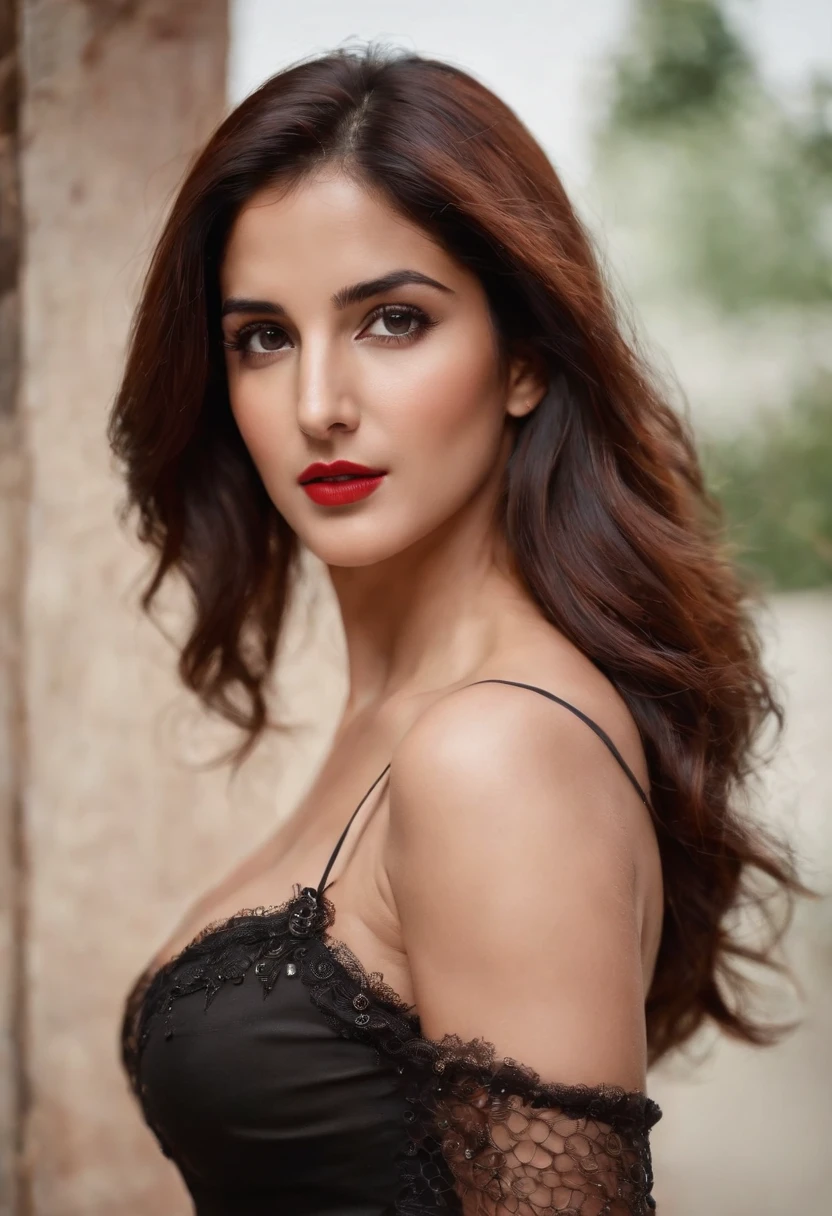 ((Katrina kaif:1.2)), reddish brown hair girl, black eyes, beautiful, full body with toned legs and visible breastline, small breasts, wearing a black short dress with fishnet stockings, high heels, red lipstick