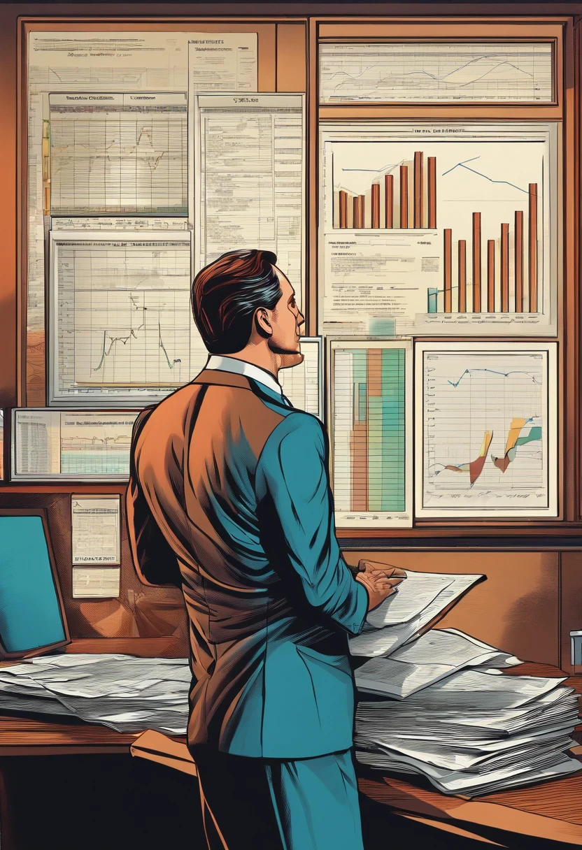 a dubbious investor looking at many charts and papers on a board