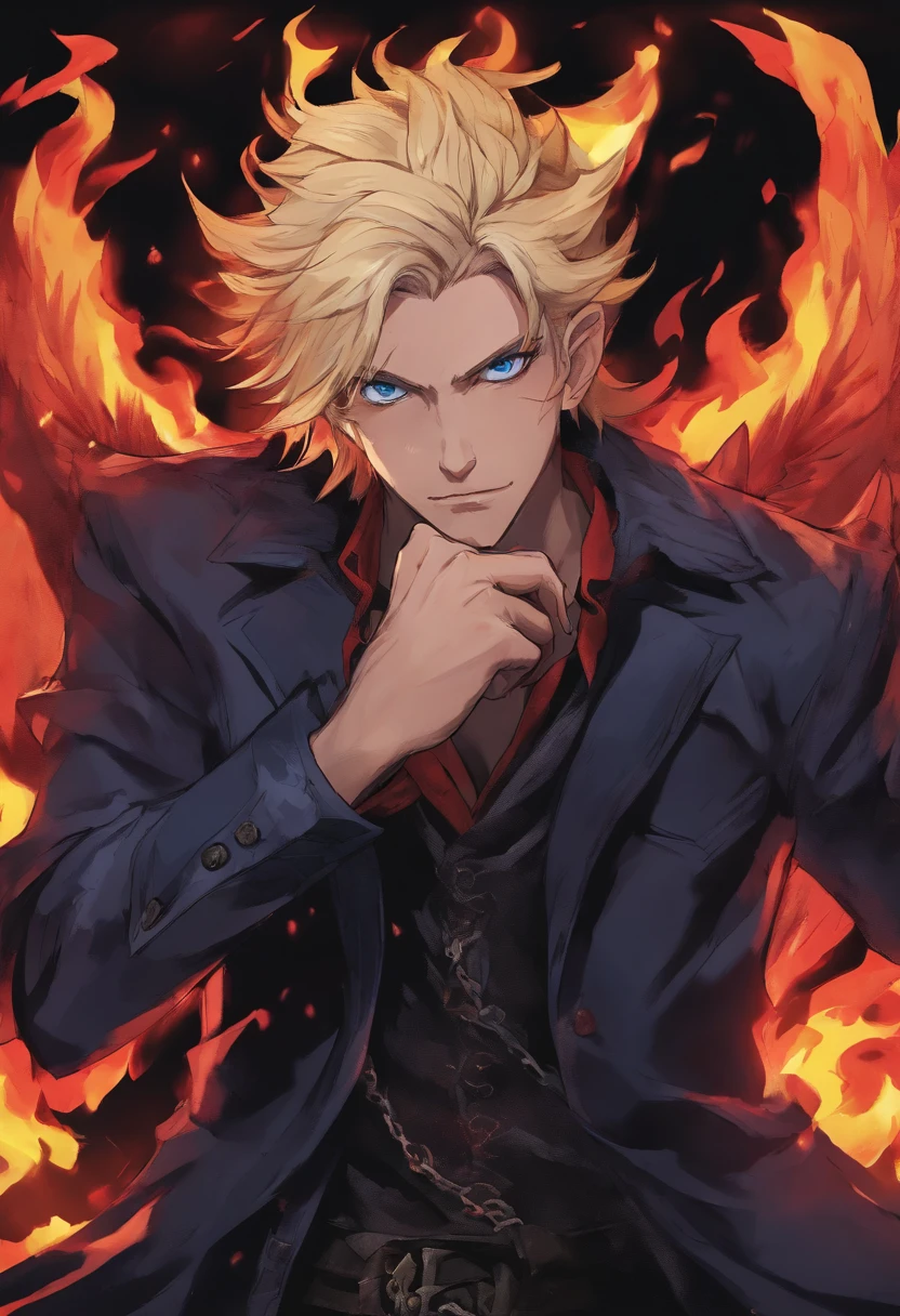 male teenage demon with blonde hair, blue eyes, black wings, tail and horns, punk-rock outfit, fire background, evil facial expression, realistic