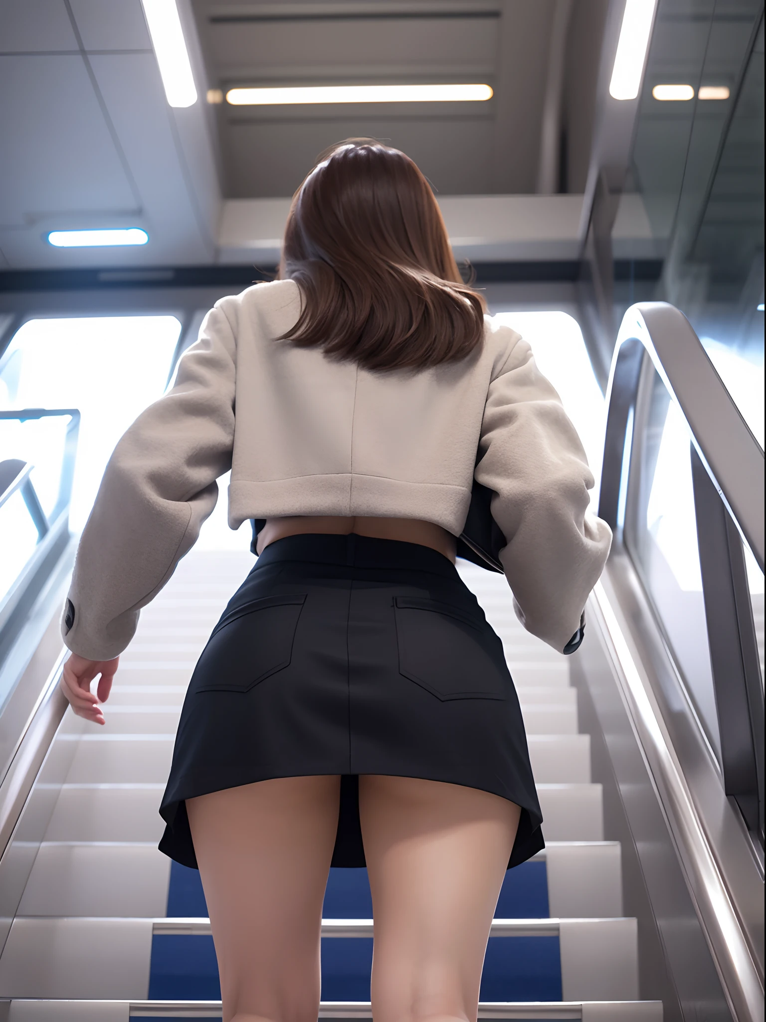 Up Escalator Skirt、short coat、bottom body close up、View from behind、Very low camera angle、Slouched、bent forward、Panchira