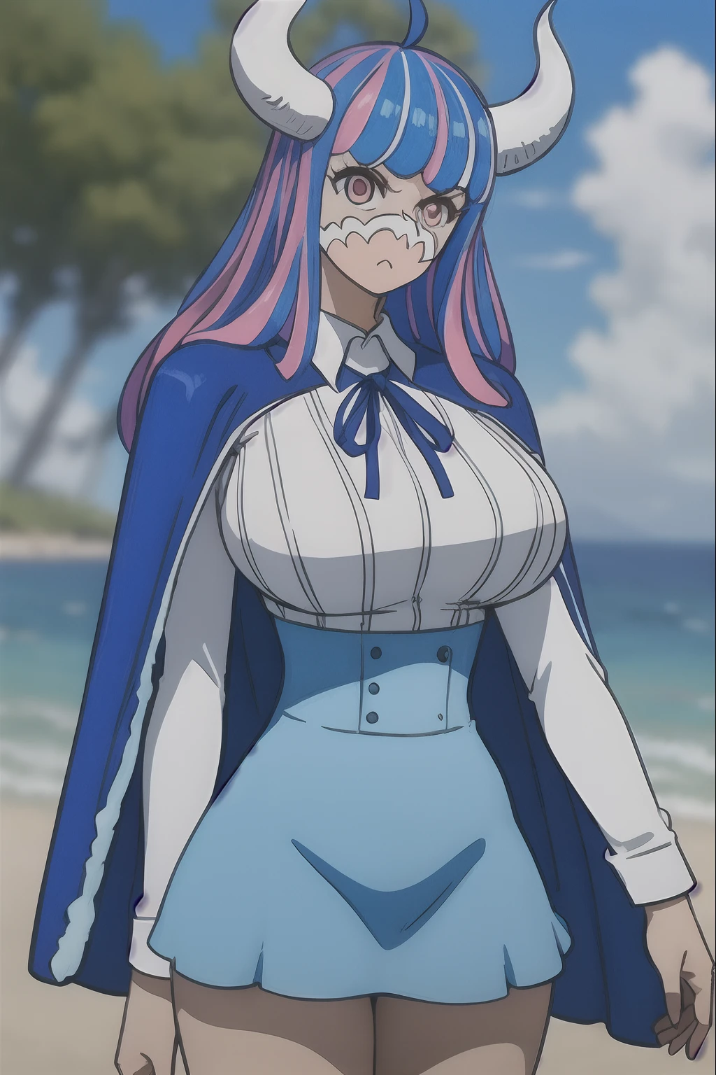 masterpiece, best quality, ultra-detailed, ((mature face)), large breasts, multicolored hair, long hair, blue hair, pink hair, bangs, horns, blue skirt, high-waist skirt, white shirt, long sleeves, blue cape, in a beach, standing, ((cowboy shot)), realistic, volumetric lighting, intricate details, tonemapping, sharp focus, hyper detailed,