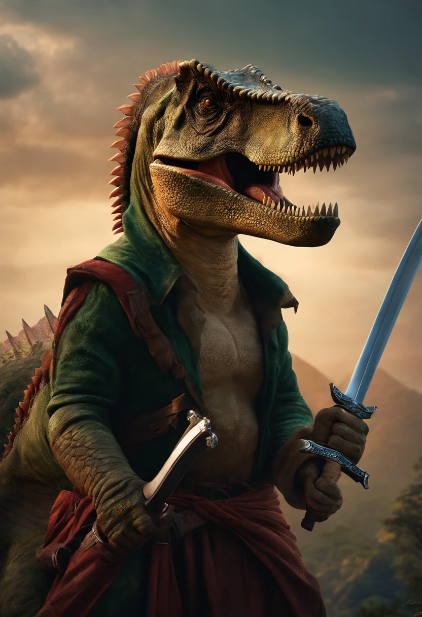 A dinosaur holding a katana in one hand