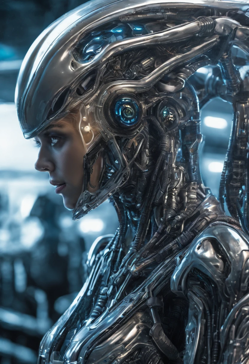 alien biomechanical in stealth suit,, blonde, blue eyes, masterpiece, appealing, looking at viewer