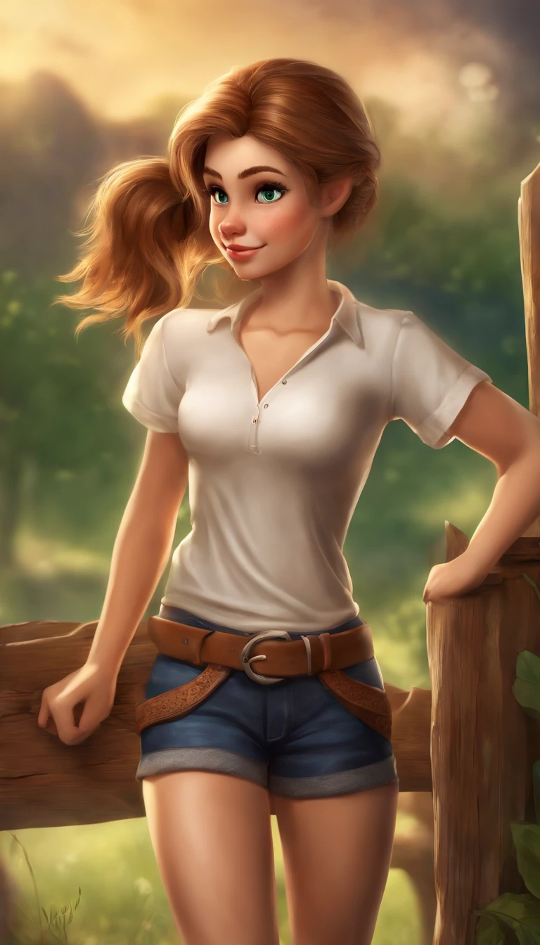 only 1 girl, beautiful, wearing Pantyhose and shorts ,white T-shirt, light brown hair, short ponytail, light smile ,cowboy shot, green background ,masterpiece, anatomically correct, textured skin, super detail, high details, best quality, high quality