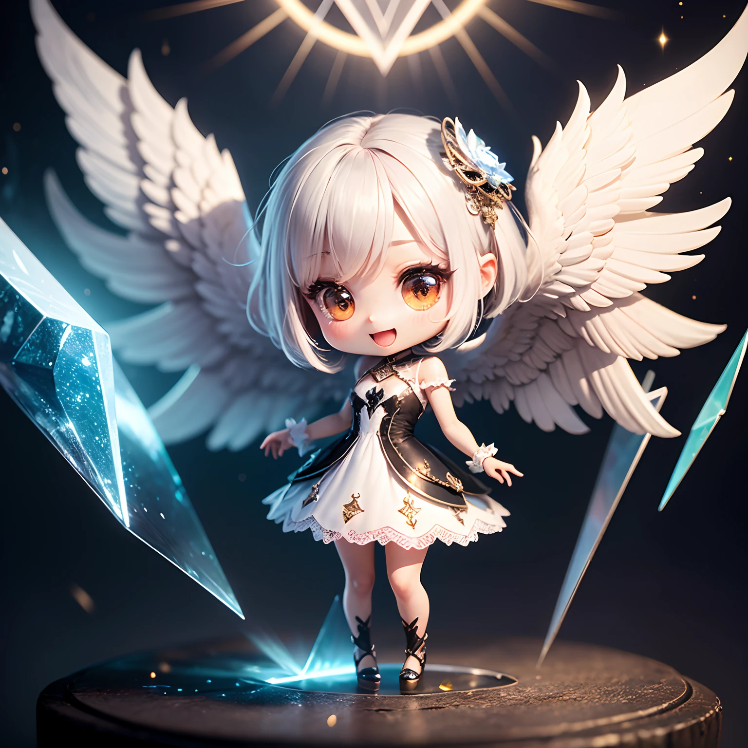 masterpiece、top-quality、ultra-detailliert、(Chibi Chara Angel:1.2)、Detailed wings with white hairs、(Angel Ring:1.2)、(Light prism:1.2)、Open your mouth and smile、Glitter Mold Dress、Full-body standing figure、