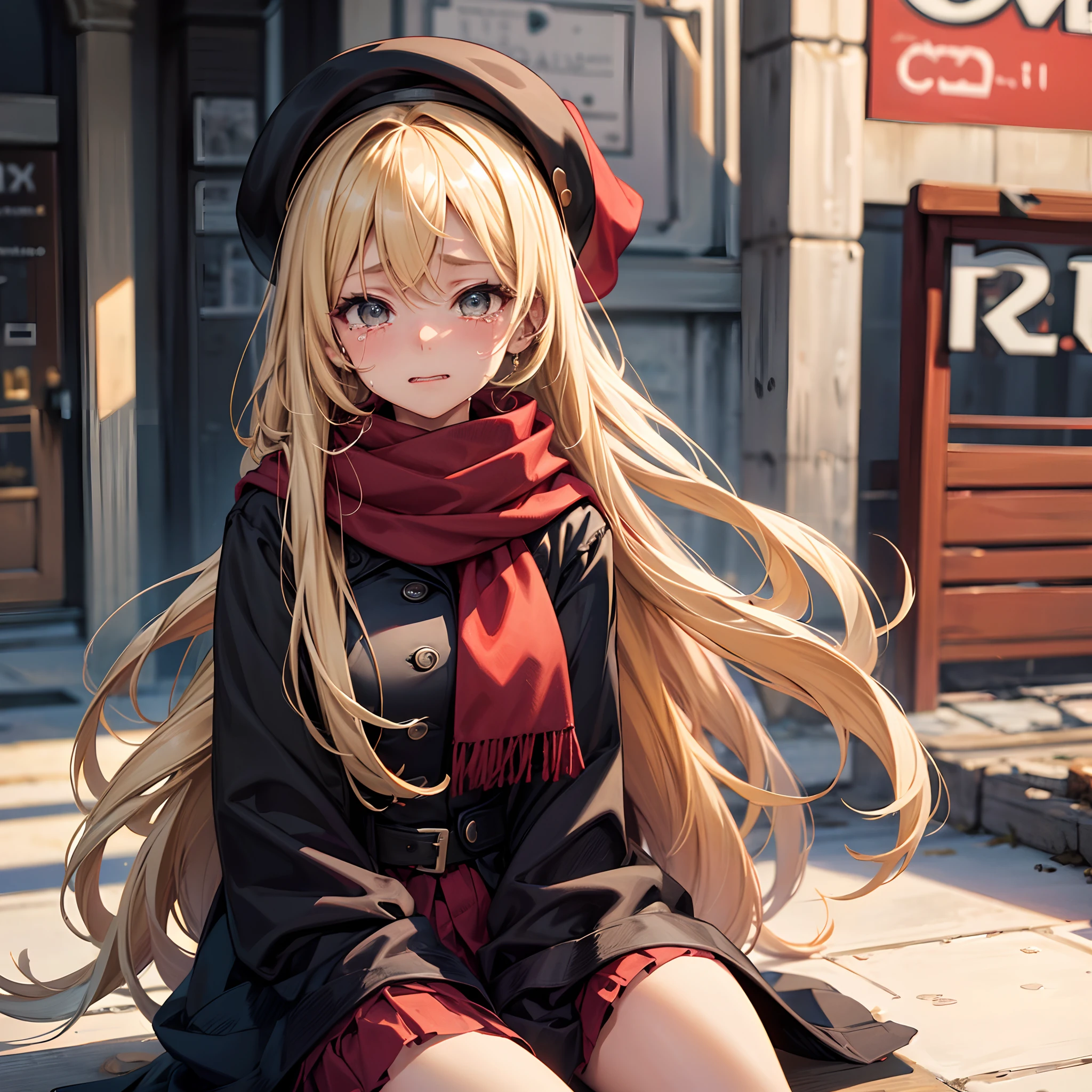 Caucasian Woman, Blonde hair, Cute, Black hat, red scarf, is crying,I'm sitting