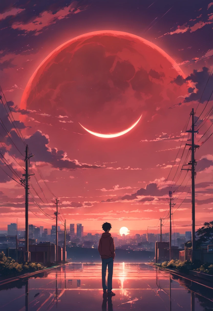Under a dark red sky, A handsome man quietly stared at the twisted and terrifying moon in the sky