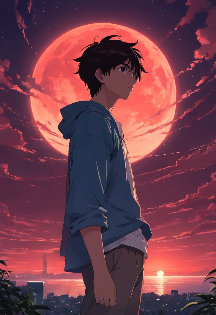 Under a dark red sky, A handsome man quietly stared at the twisted and terrifying moon in the sky