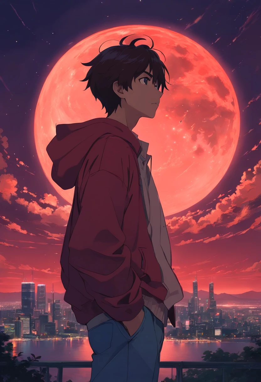 Under a dark red sky, A handsome man quietly stared at the twisted and terrifying moon in the sky