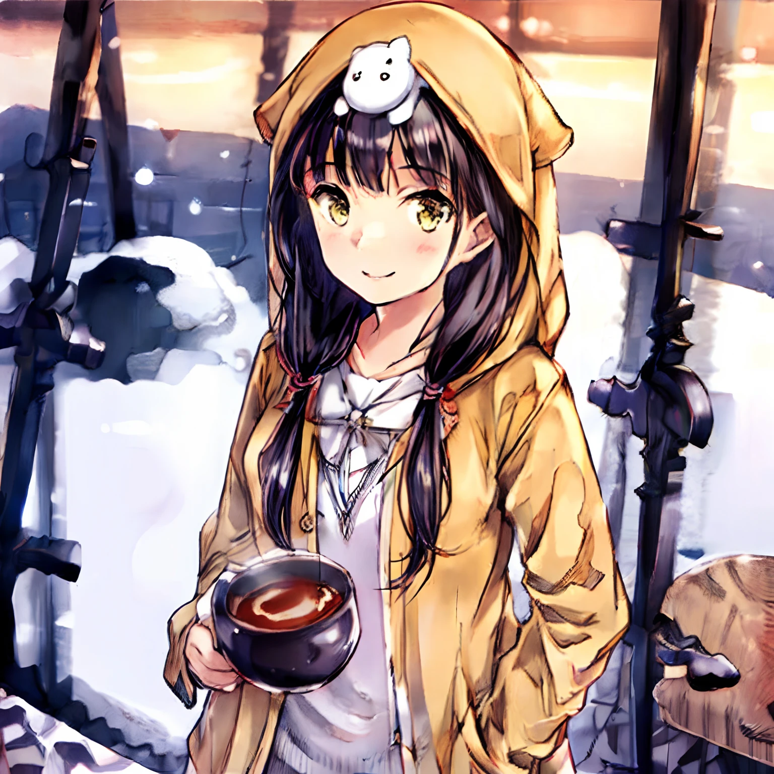 best quality, detailed background, girl,sea, cafeteria, bird, snow, winter,