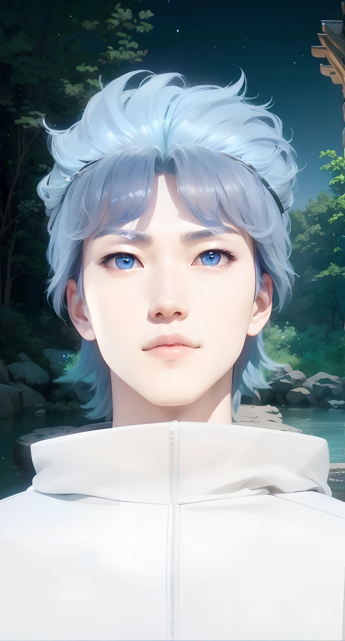 Real life adaption of this character, Korean Handsome face, cool expression, realistic same blue light hair,realistic background Nature with moonlight view, hyper realistic, realism, realistic light, realistic shadow,(photorealistic:1.2), looking to viewer,(there is same iron plate on the head)