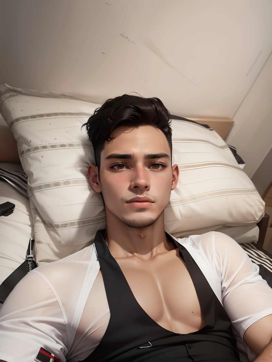 Male, 19 years old, with short black hair, dressed in a plain white blouse, lying on a bed, sad expression