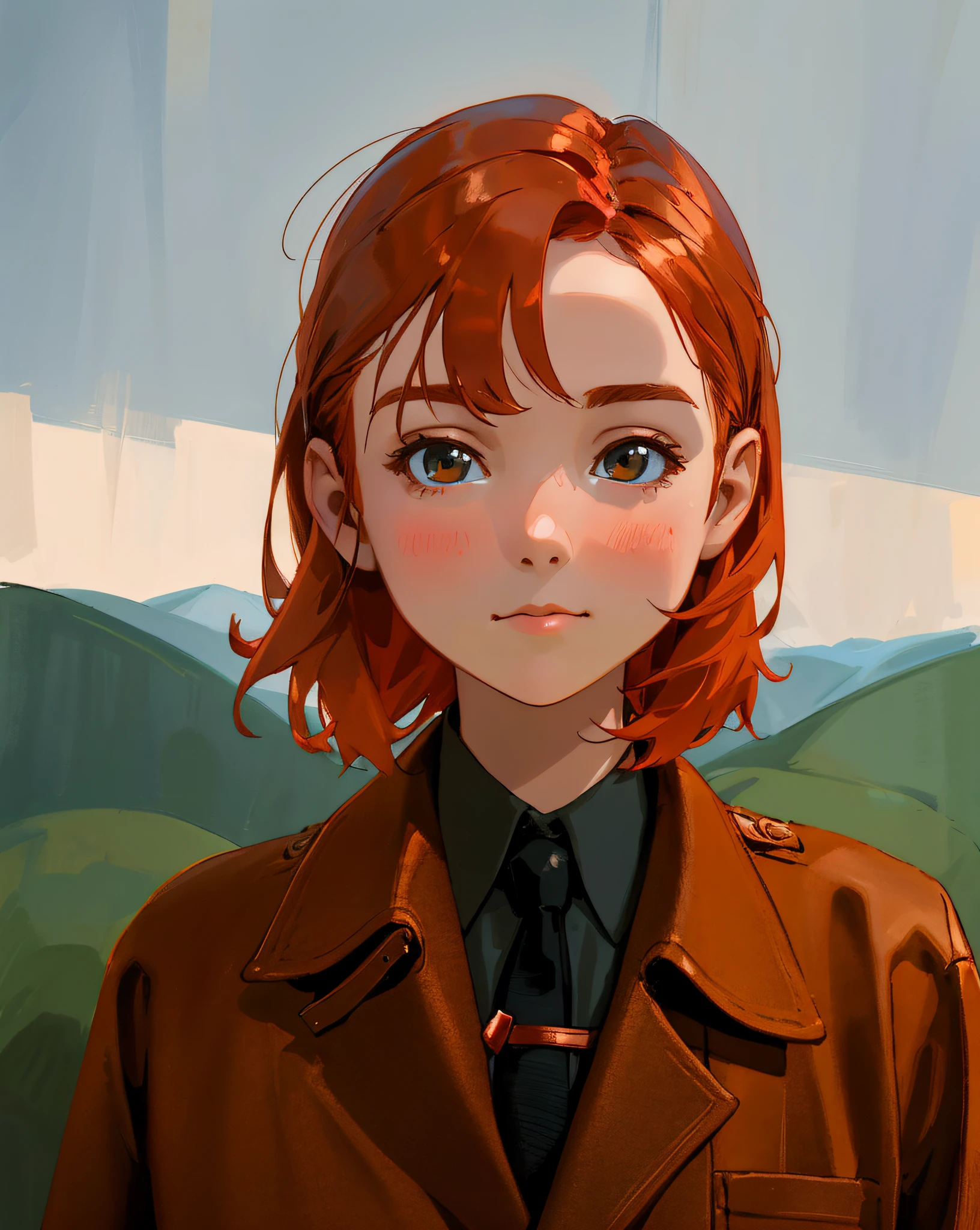 there is a young girl with a brown coat and black tie, portrait of nordic girl, girl with brown hair, soft portrait shot 8 k, copper short hair, sadie sink, photo of a beautiful woman, soft red hair, portrait of a red haired girl, short copper hair, chin-length hair, copper hair, a redheaded young woman