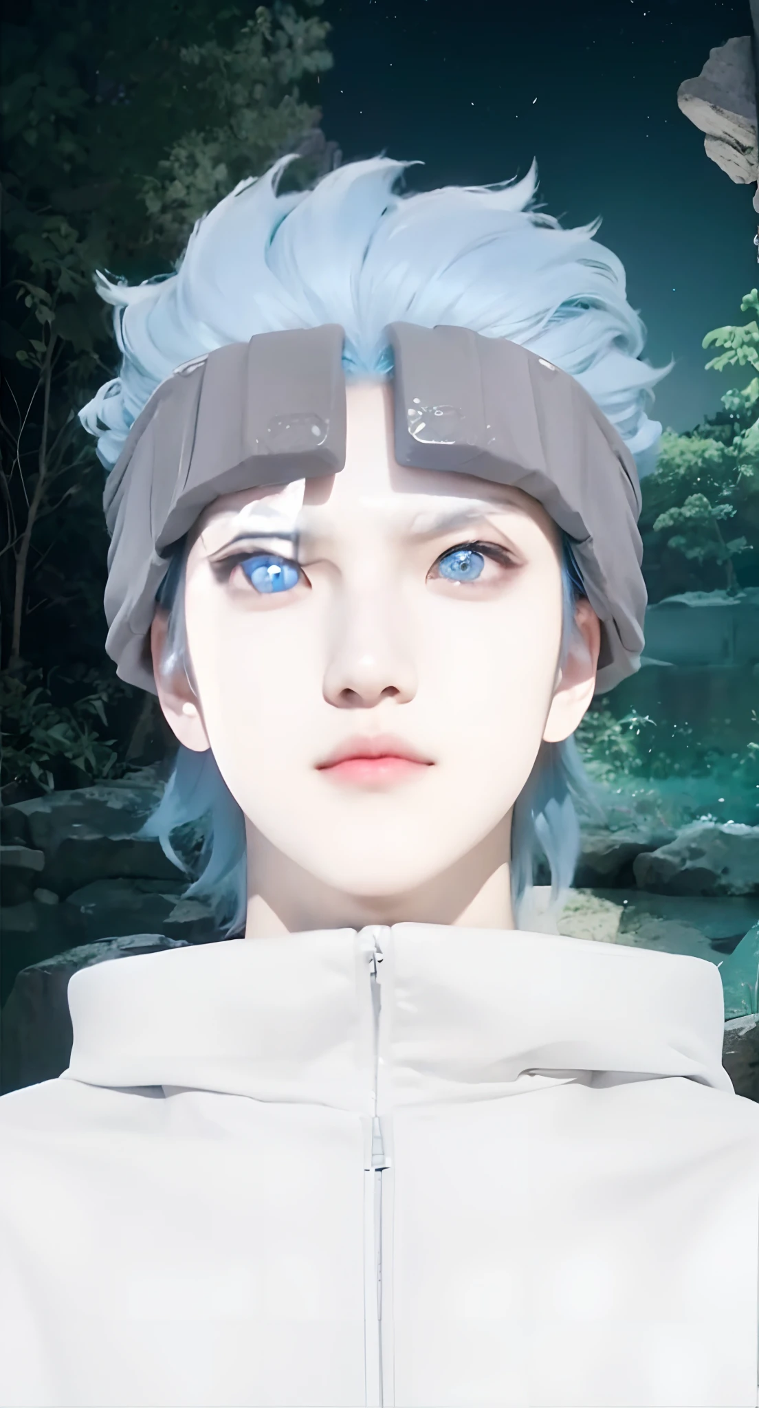 Real life adaption of this character, Korean Handsome face, cool expression, realistic same blue light hair,realistic background Nature with moonlight view, hyper realistic, realism, realistic light, realistic shadow,(photorealistic:1.2), looking to viewer,(there is same iron plate on the head)