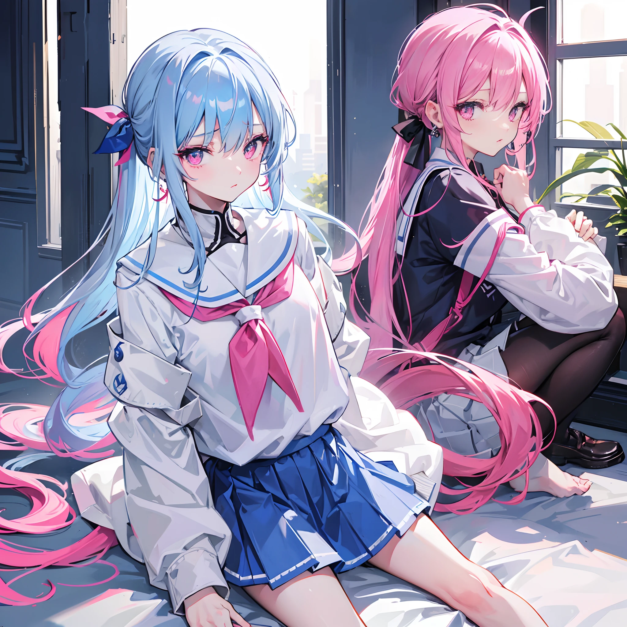 light blue long hair,Crimson pink eyes,The hair was tied up with two pink headbands,Short double ponytail,Qi bangs,Two long hair curtains on both sides,Wearing a white sailor's uniform school uniform,grey short skirt,Iron earrings worn by bad girls,Liu Hai pulled a hairpin,The sleeves are long,Fresh atmosphere,a warm color palette,The eyes have God,high light,tmasterpiece,Blushlush,expressiveless,Open your mouth slightly