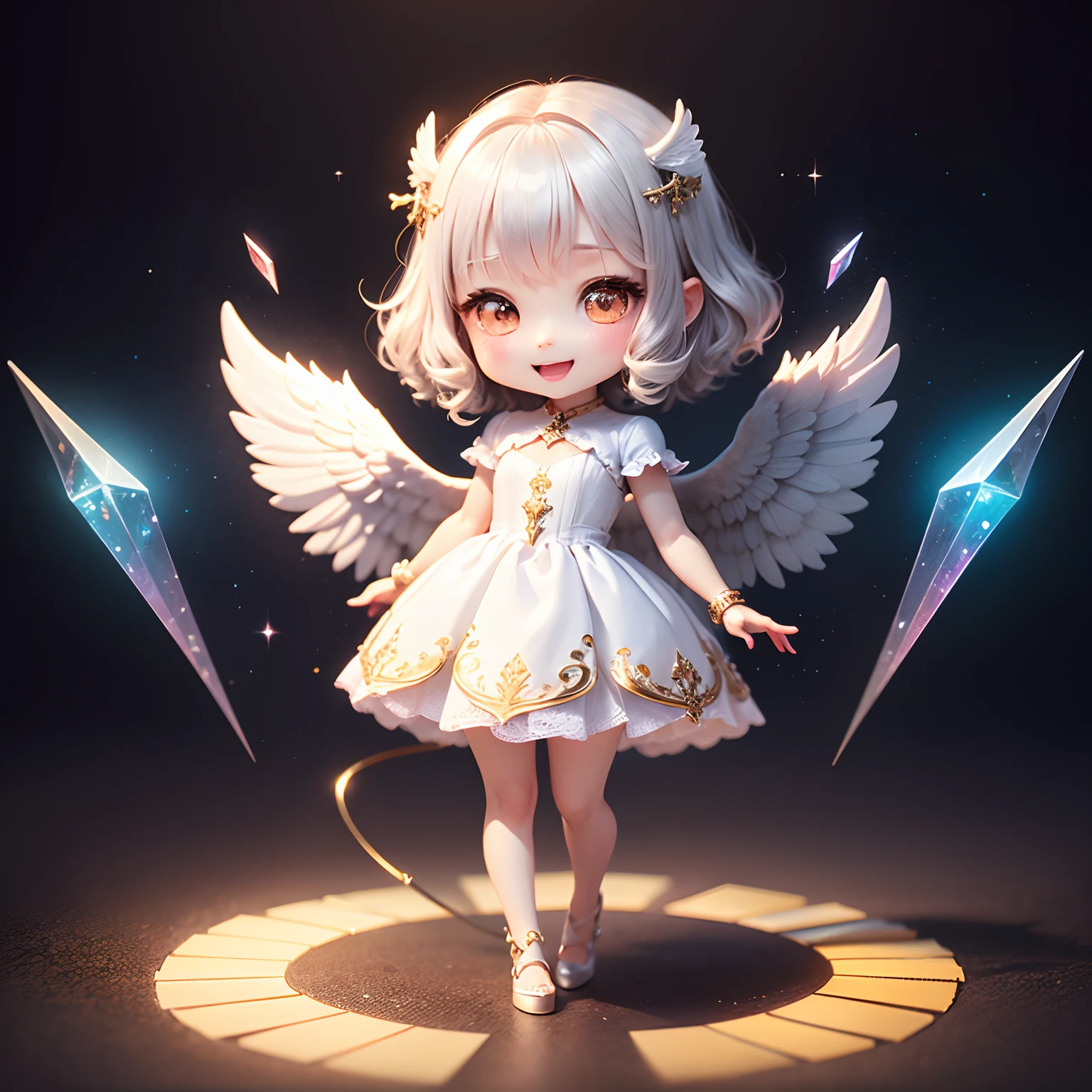 ​masterpiece、top-quality、ultra-detailliert、(Chibi Chara Angel:1.2)、Detailed wings with white hairs、(Angel Ring:1.4)、(Light prism:1.2)、Open your mouth and smile、Glitter Mold Dress、Full-body standing figure、