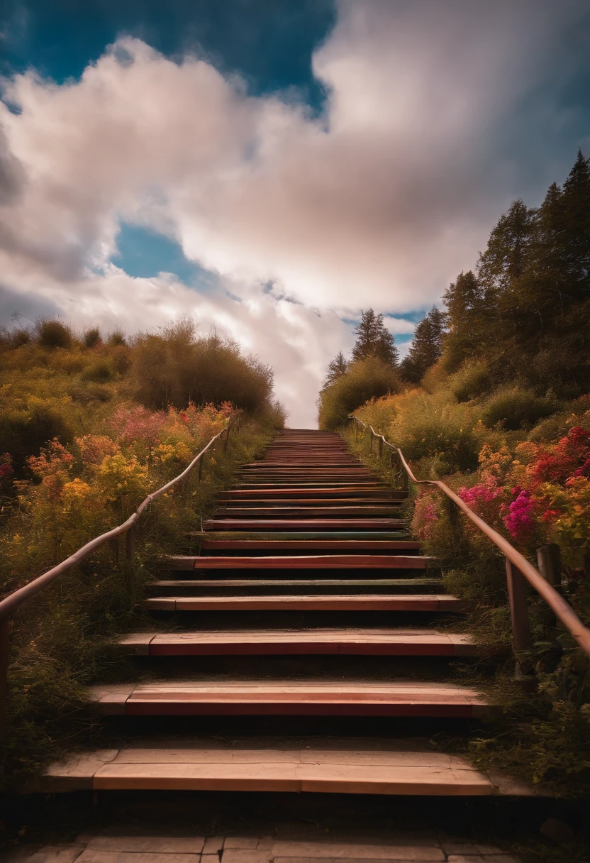 Close-up of the stairs leading to the rainbow sky, stairway to heaven, A very colorful heaven, stairs from hell to heaven, Leading to the Sky, Rainbow clouds, Colors of Heaven, Rainbow Trail, Colorful sky, Rainbow clouds, Heaven!!!!!!!!, rainbow, Rainbow colors, Psychedelic sky, In beautiful colors, Irridescent color, colorful dream, colorful skies