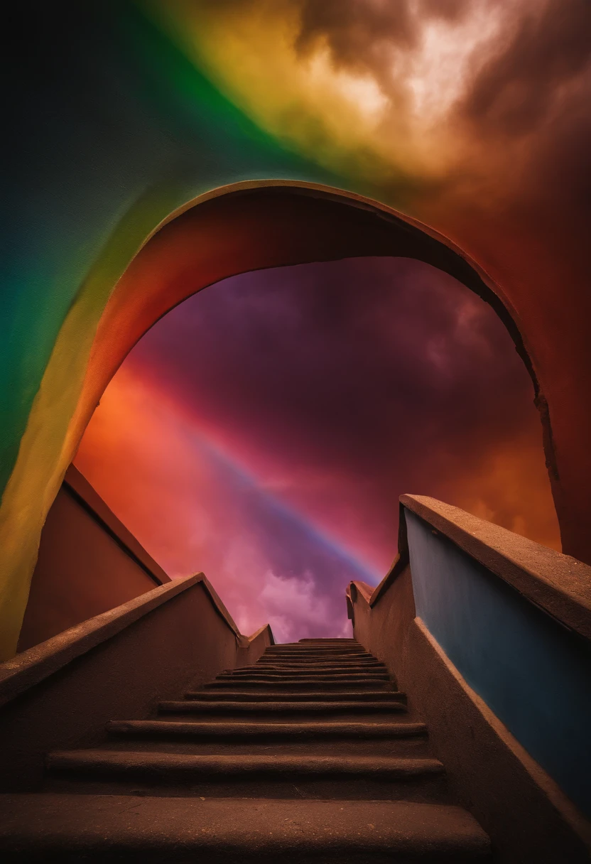 Close-up of the stairs leading to the rainbow sky, stairway to heaven, A very colorful heaven, stairs from hell to heaven, Leading to the Sky, Rainbow clouds, Colors of Heaven, Rainbow Trail, Colorful sky, Rainbow clouds, Heaven!!!!!!!!, rainbow, Rainbow colors, Psychedelic sky, In beautiful colors, Irridescent color, colorful dream, colorful skies