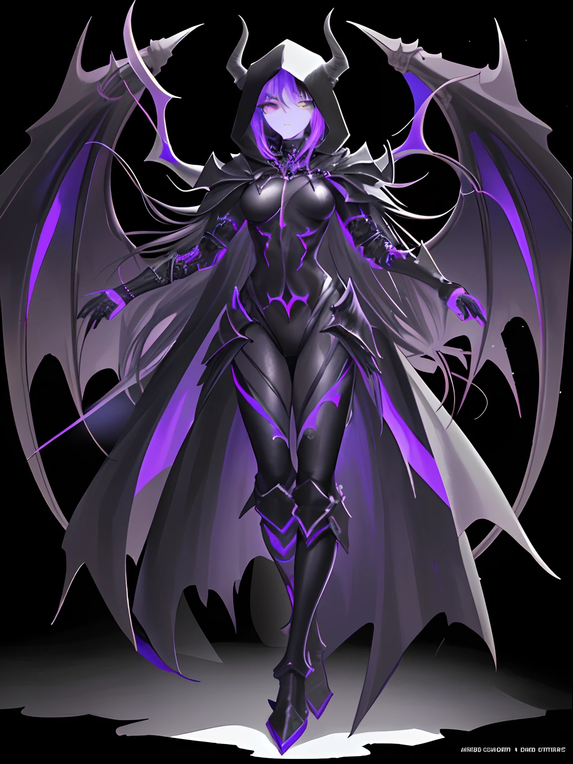 Devil style background, (Stand full body to take pictures:1.5), the golden ratio, [(Black Mist Black smoke composed of the body:1.5), (+Perfect hand+:1.21), (Ancient European Assassins, All-black hooded robe, Purple-black demon armor, It's not just eyes, Wearing a black devilish mask, without showing face, （A terrifying and mysterious atmosphere, A suffocating sense of oppression and endless fear）Wear knee-length black boots （It is inlaid with purple crystals）（The texture of the armor and equipment is good）He wears a black hooded robe(((+++The black mist is intertwined with the body))))], (extremely detailed CG unity 32k wallpaper:1.1), (tmasterpiece:1.37), (Detailed:1.15), Dappled light, (view the viewer), Cinematic light, Side lighting, teens girl, hdr, Perfect iris, hyper HD, (Best quality:1.13)tmasterpiece, best qualtiy, hyper-high detail, style of anime, hdr, anime wallpaper, a sense of atmosphere, absurderes, Ancient wind)Female pervert, cabelos preto e longos, Purple pupils, 8K, 4K