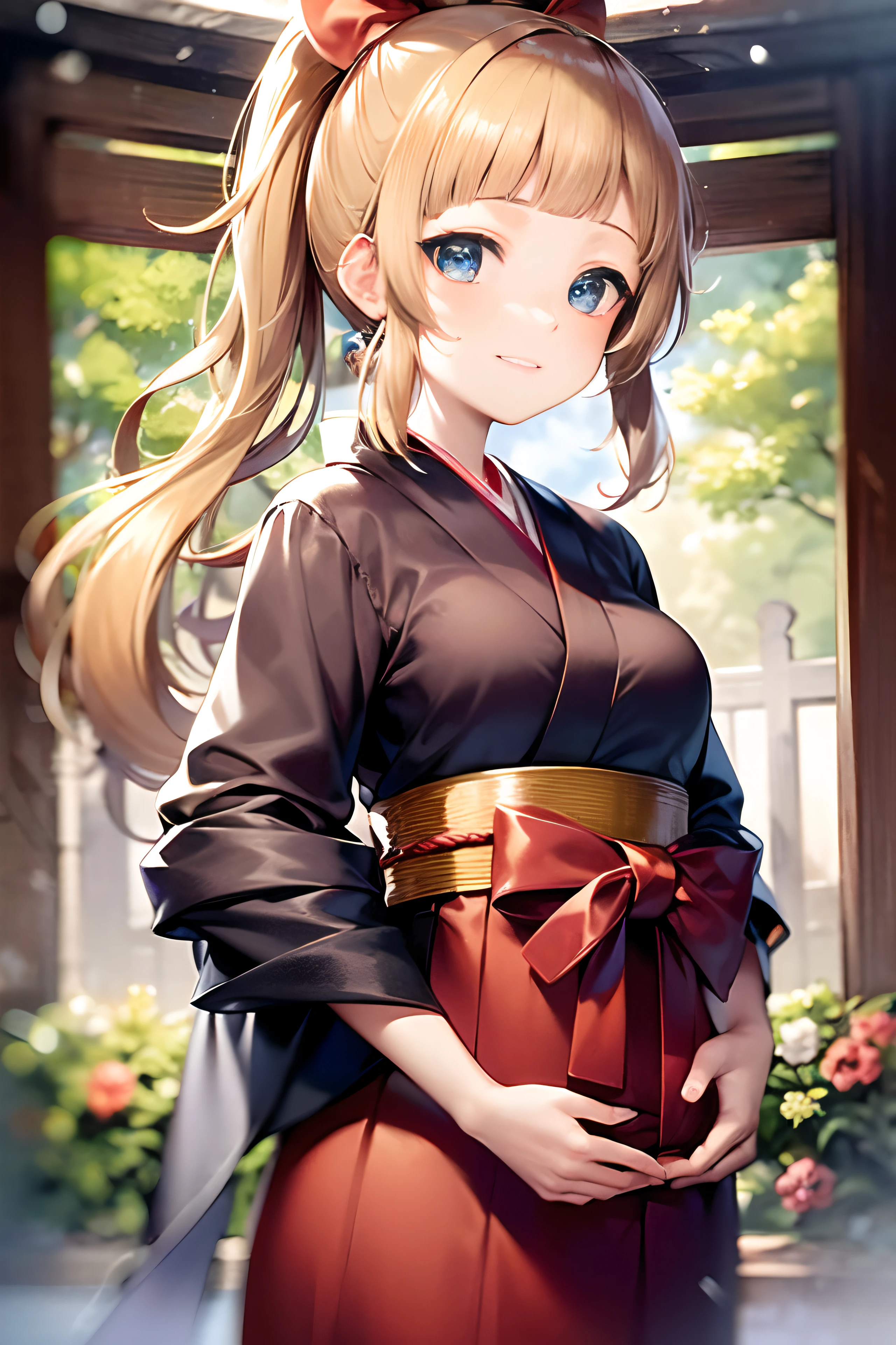 shrine maiden, ((Priestess costume:1.5)), ((hakama:1.5)), break, very detailed face and eyes, ((Kyoto Animation Style)), super precision, masterpiece, very extremely beautiful, Princess Face, shorth hair, Straight hair, a blond, ((Short ponytail:1.5)), ((Straight bangs:1.5)), ((hime-cut:1.5)), Blue eyes, ((medium breasts)), break, Red ribbons, cowboy shot, dynamicposes, gland, A slight smil, frombelow, shrines, Worship hall, is standing, frombelow, a closed mouth, kawaii faces,