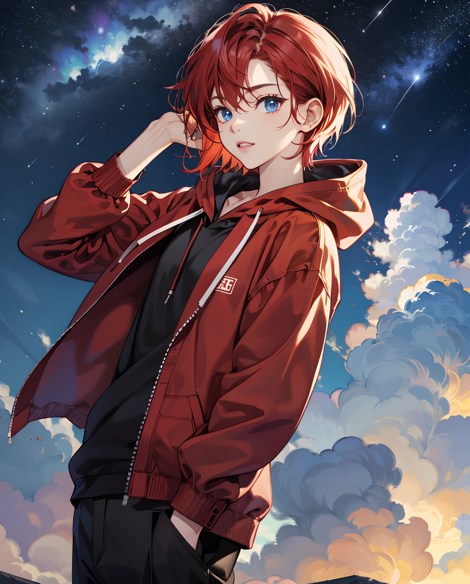 Teen girl body, Anime, short wolfcut red hair, blue eyes like starry night, oversized red hoodie, black slacks,