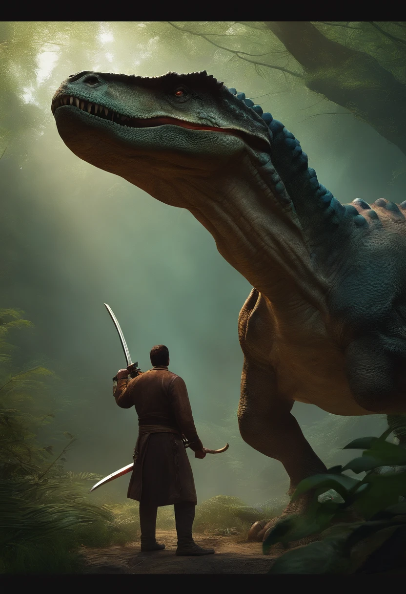 A dinosaur holding a katana in one hand looking at a man