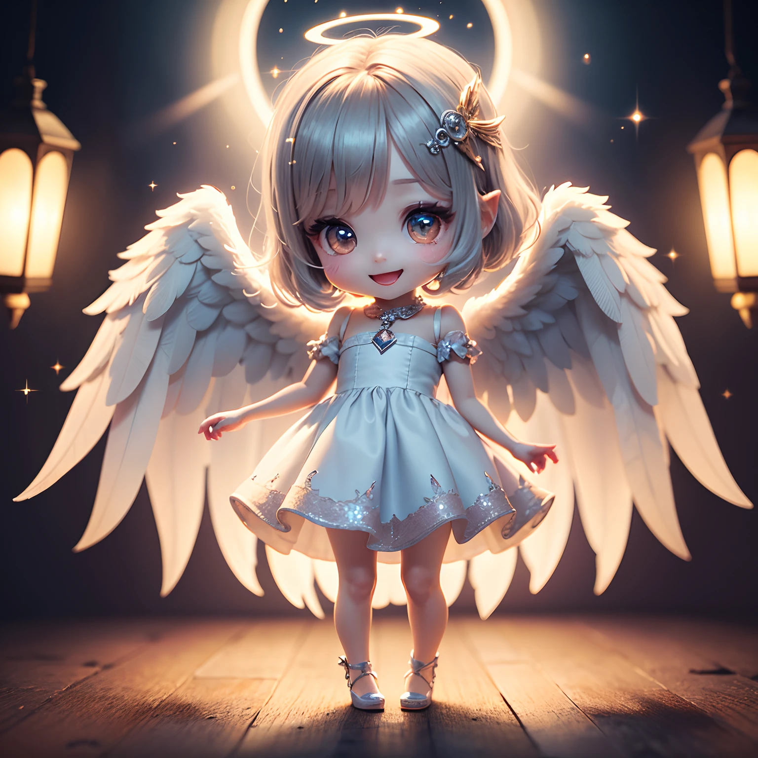 ​masterpiece、top-quality、ultra-detailliert、(Chibi Chara Angel:1.2)、Detailed wings with white hairs、(halo:1.4)、(Light prism:1.2)、Open your mouth and smile、Glitter Mold Dress、Full-body standing figure、