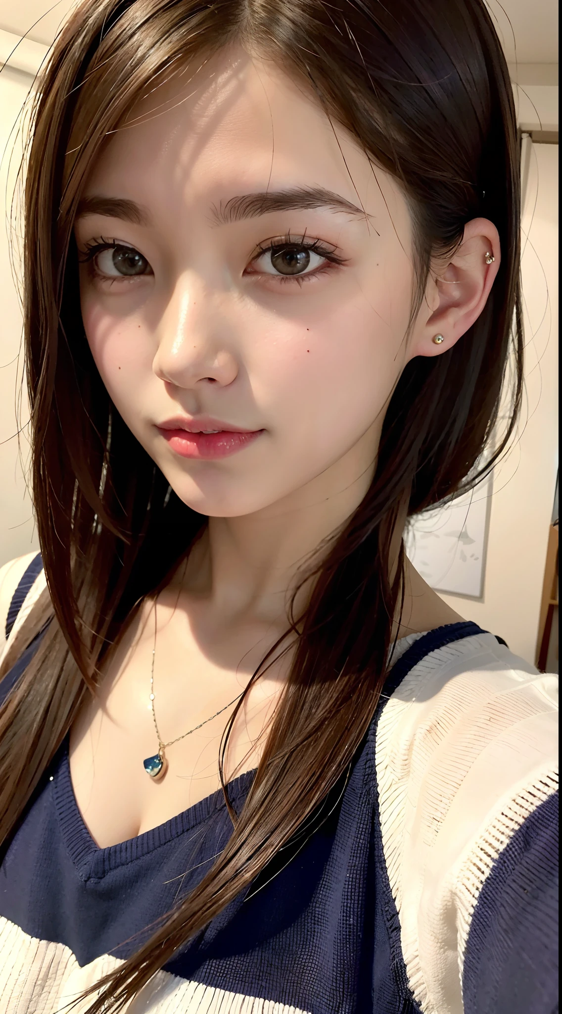 (of the highest quality, Masterpieces, Realistic, girl with:1.3), (Wave hair), (Dark black hair), With bangs、middlebreasts ( lipgloss),  (18 years old), (hyper cute face), (Super Beautiful Maid), (Super delicate eyes), (Ultra-detailed nose), (Ultra detailed mouth), (Ultra-detailed legs), (ultra detailed body), gaze at the audience、close - up face、In the apartment、White knitted sweater、Plaid mini skirt、Relax on the sofa