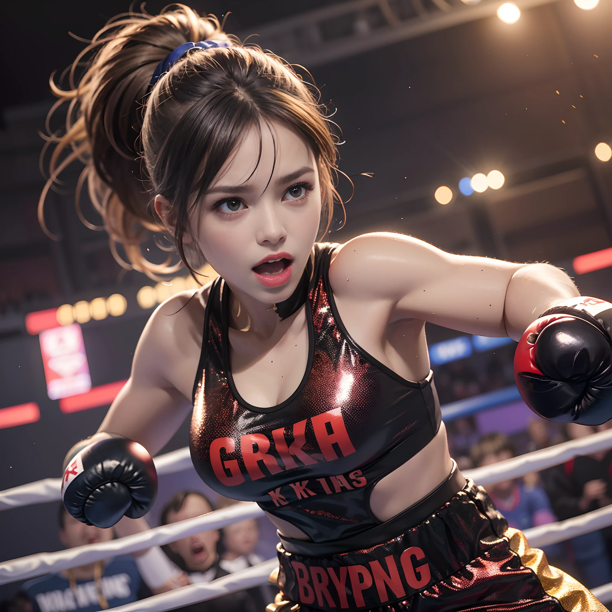 **Render**: The Greek colosseum serves as the backdrop for this 8K high-quality depiction of a boxing girl in a thrilling match. Her attire, combined with her shimmering skin and pronounced muscles, becomes a spectacle. The highlight is her long, high ponytail and her expressive face, screaming in the heat of the moment, launching a suppressive strike.